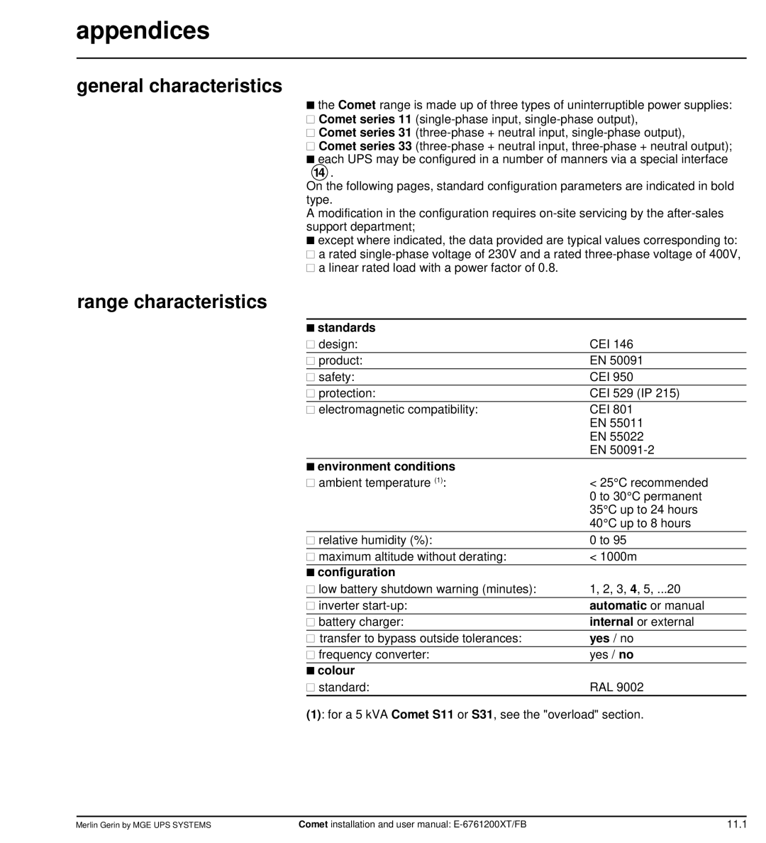 MGE UPS Systems Comet TM 5 - 30 kVA user manual Appendices, General characteristics, Range characteristics 