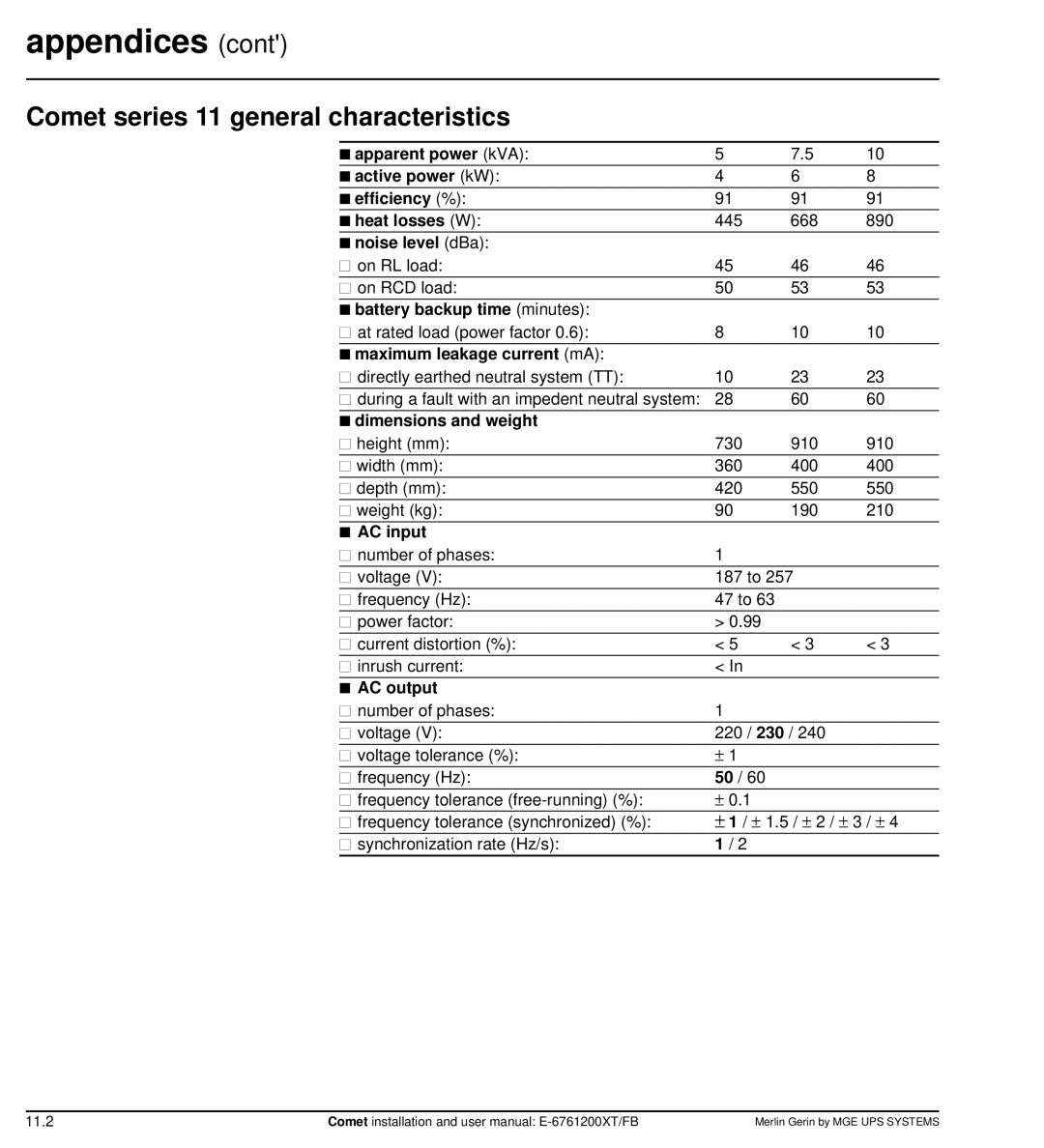 MGE UPS Systems Comet TM 5 - 30 kVA user manual Comet series 11 general characteristics 