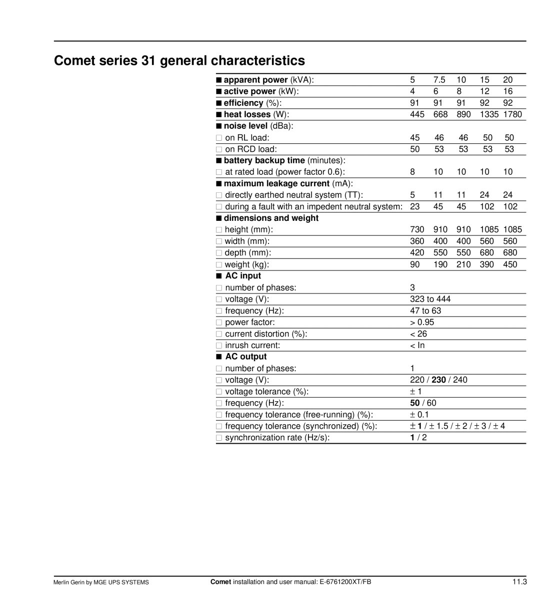 MGE UPS Systems Comet TM 5 - 30 kVA user manual Comet series 31 general characteristics 