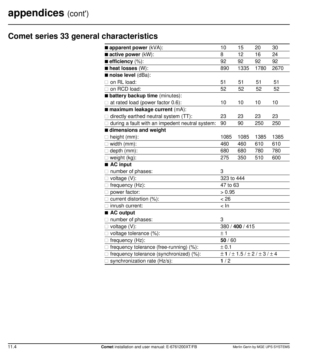 MGE UPS Systems Comet TM 5 - 30 kVA user manual Comet series 33 general characteristics 