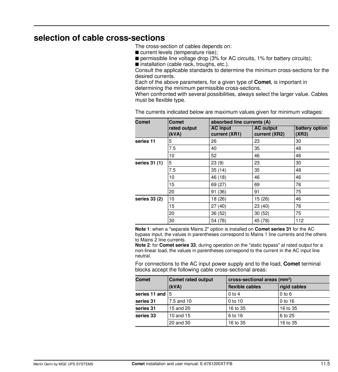 MGE UPS Systems Comet TM 5 - 30 kVA user manual Selection of cable cross-sections 