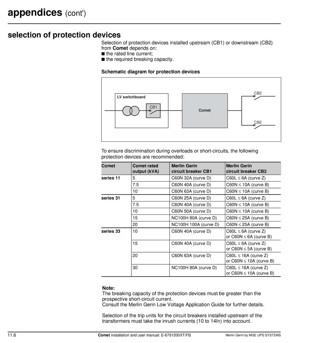 MGE UPS Systems Comet TM 5 - 30 kVA user manual Selection of protection devices, Schematic diagram for protection devices 