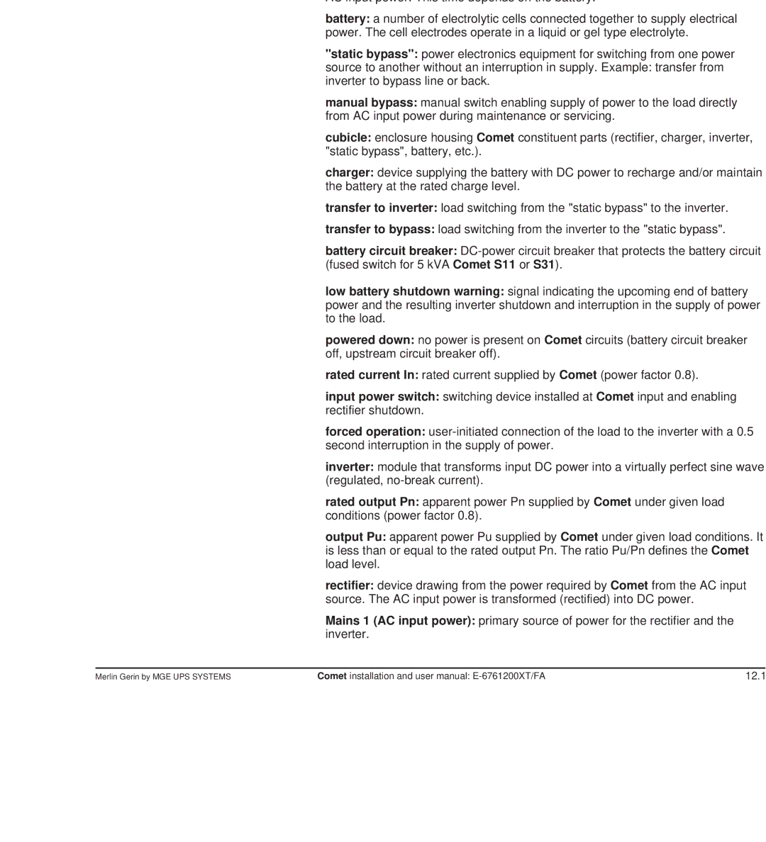 MGE UPS Systems Comet TM 5 - 30 kVA user manual Glossary 