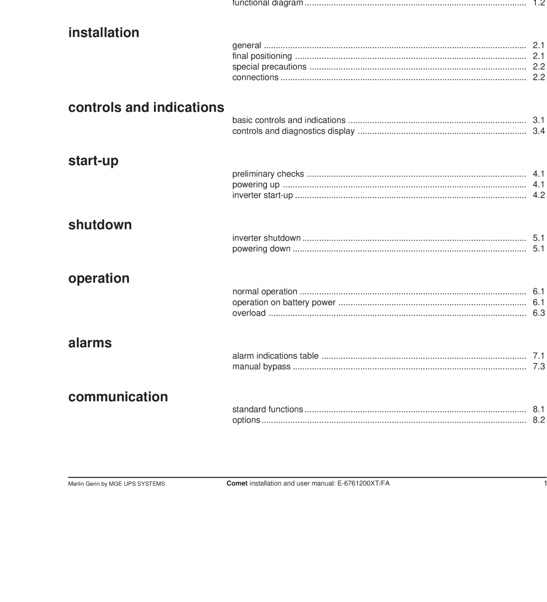 MGE UPS Systems Comet TM 5 - 30 kVA user manual Contents 