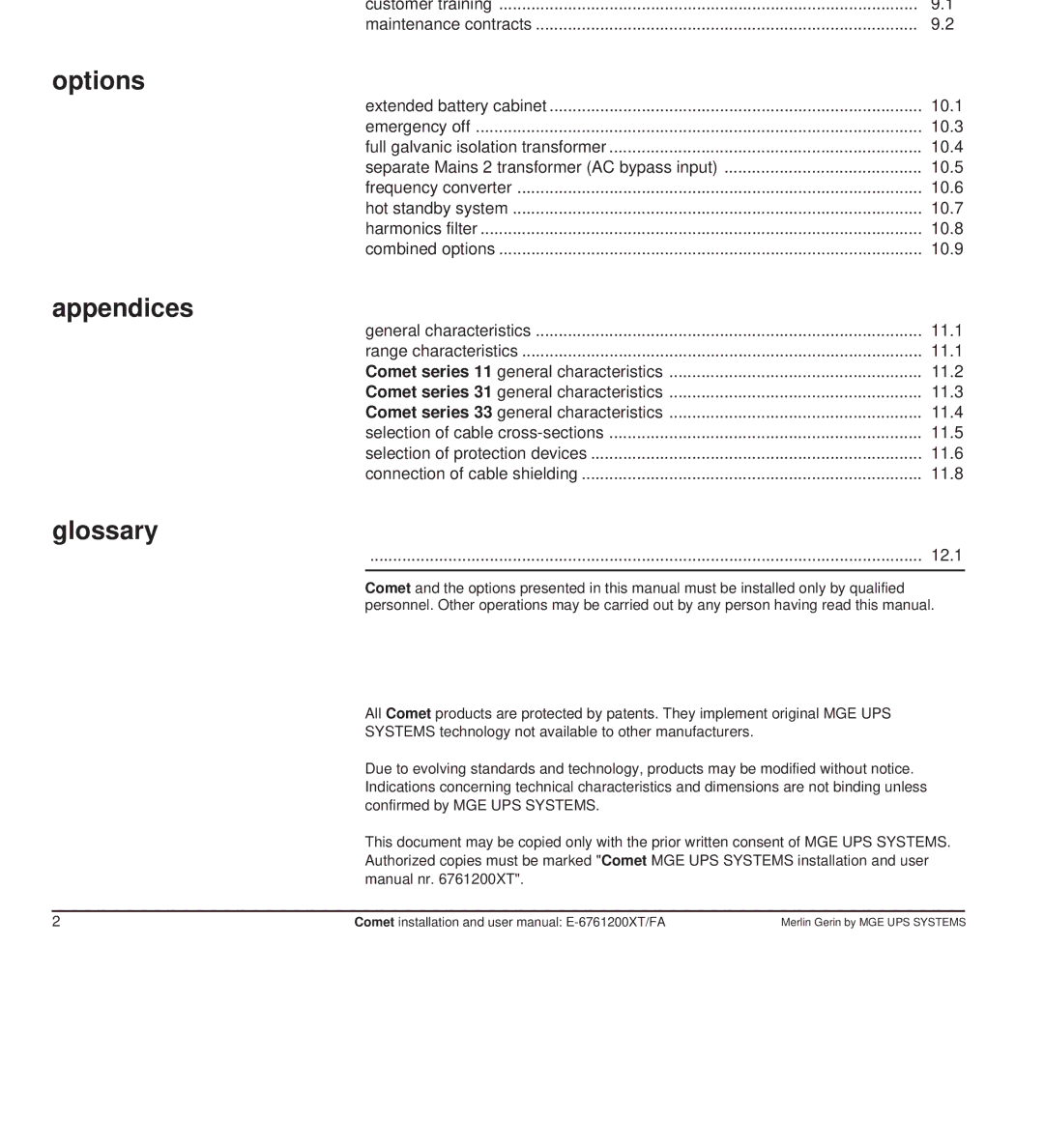 MGE UPS Systems Comet TM 5 - 30 kVA user manual Maintenance and servicing, Options, Appendices, Glossary 