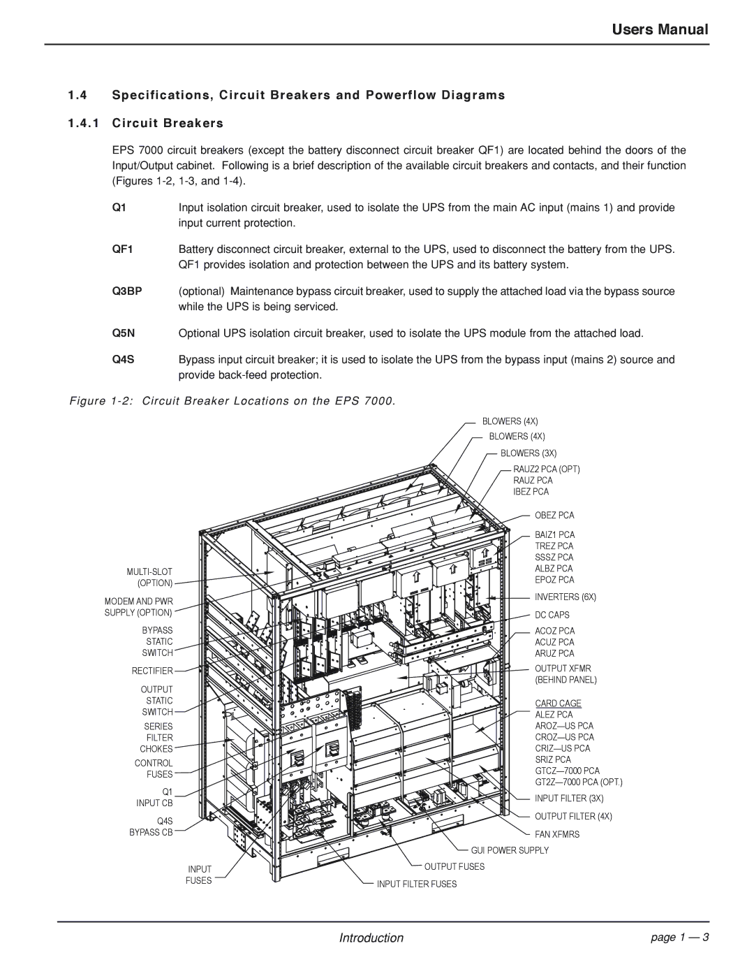 MGE UPS Systems EPS 7000 user manual Specifications, Circuit Breakers and Powerflow Diagrams, QF1 