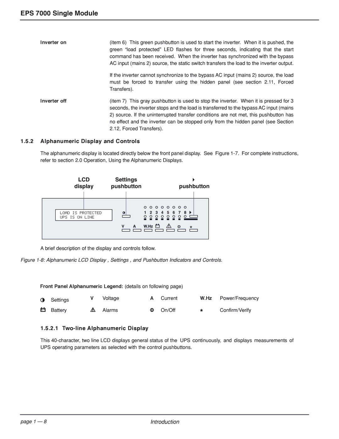 MGE UPS Systems EPS 7000 Alphanumeric Display and Controls, Settings Display Pushbutton, Two-line Alphanumeric Display 