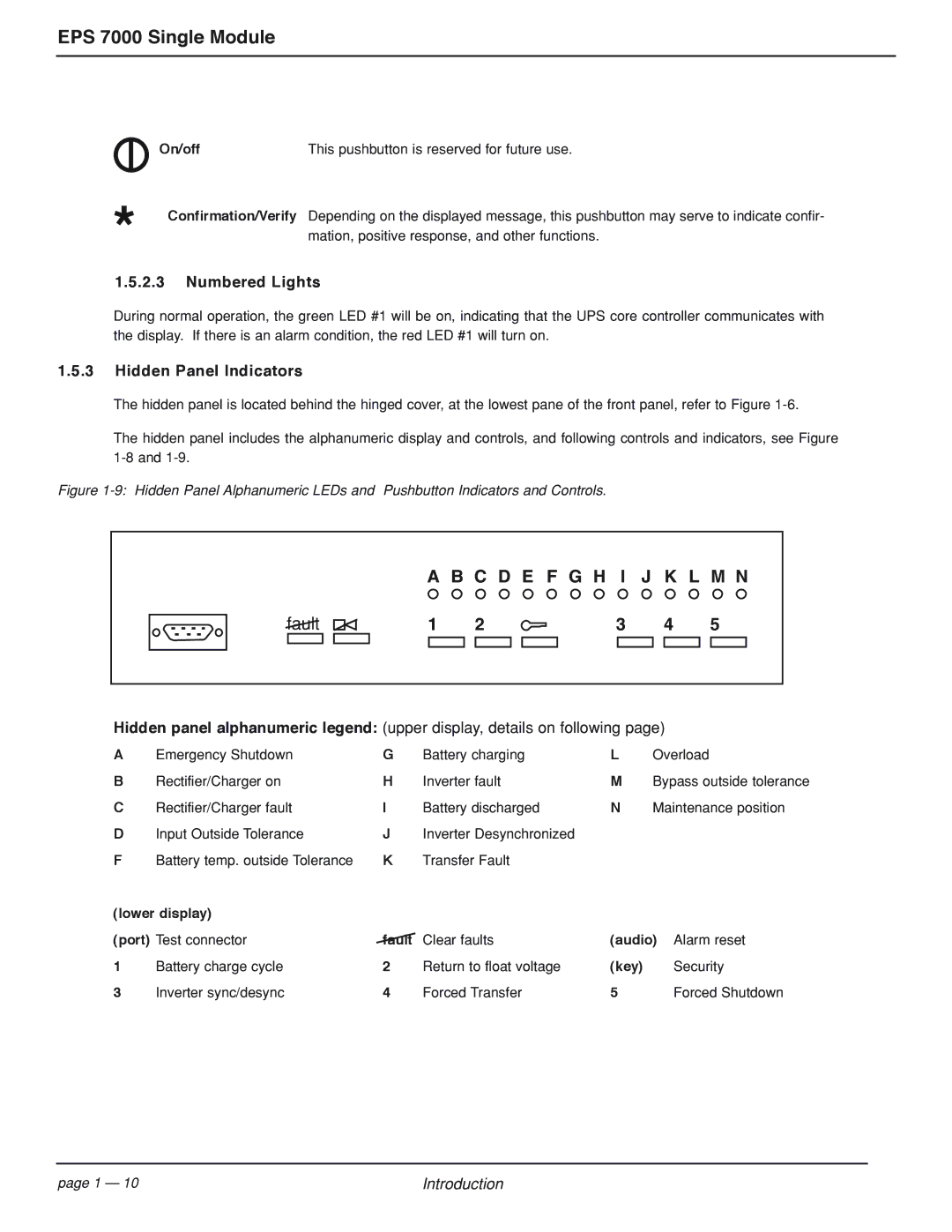 MGE UPS Systems EPS 7000 user manual Numbered Lights, Hidden Panel Indicators, ØOn/off 