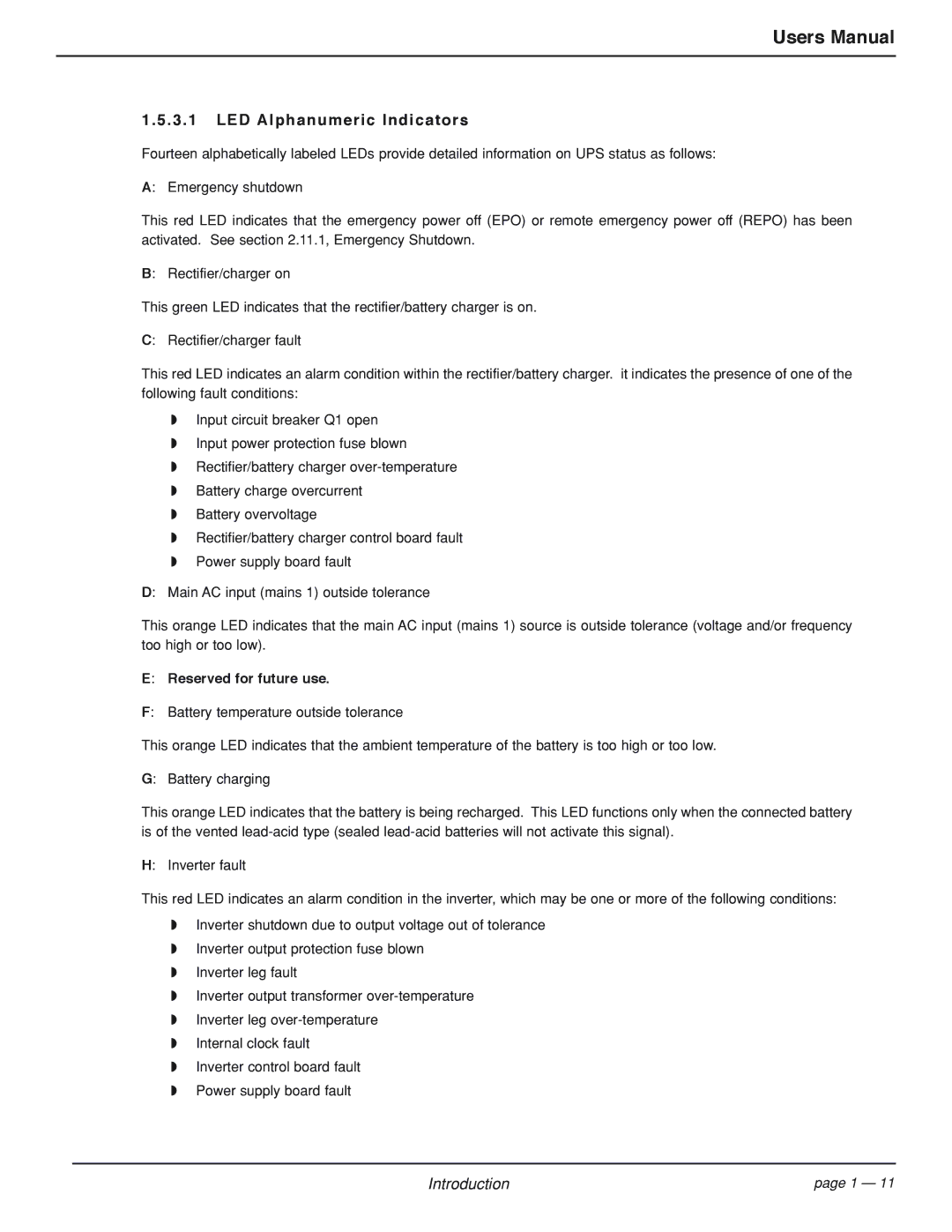 MGE UPS Systems EPS 7000 user manual LED Alphanumeric Indicators, Reserved for future use 