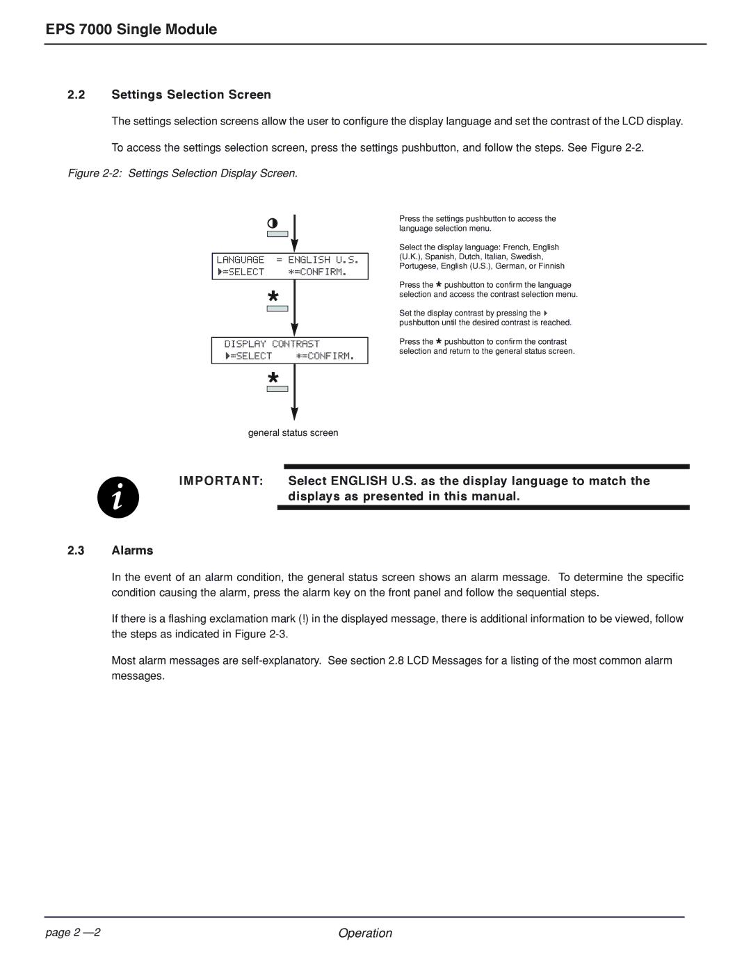 MGE UPS Systems EPS 7000 Settings Selection Screen, Select English U.S. as the display language to match, Alarms 