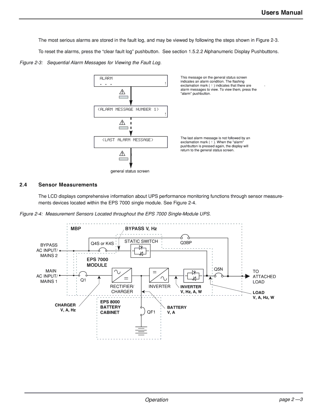 MGE UPS Systems EPS 7000 user manual Sensor Measurements, Bypass V, Hz 