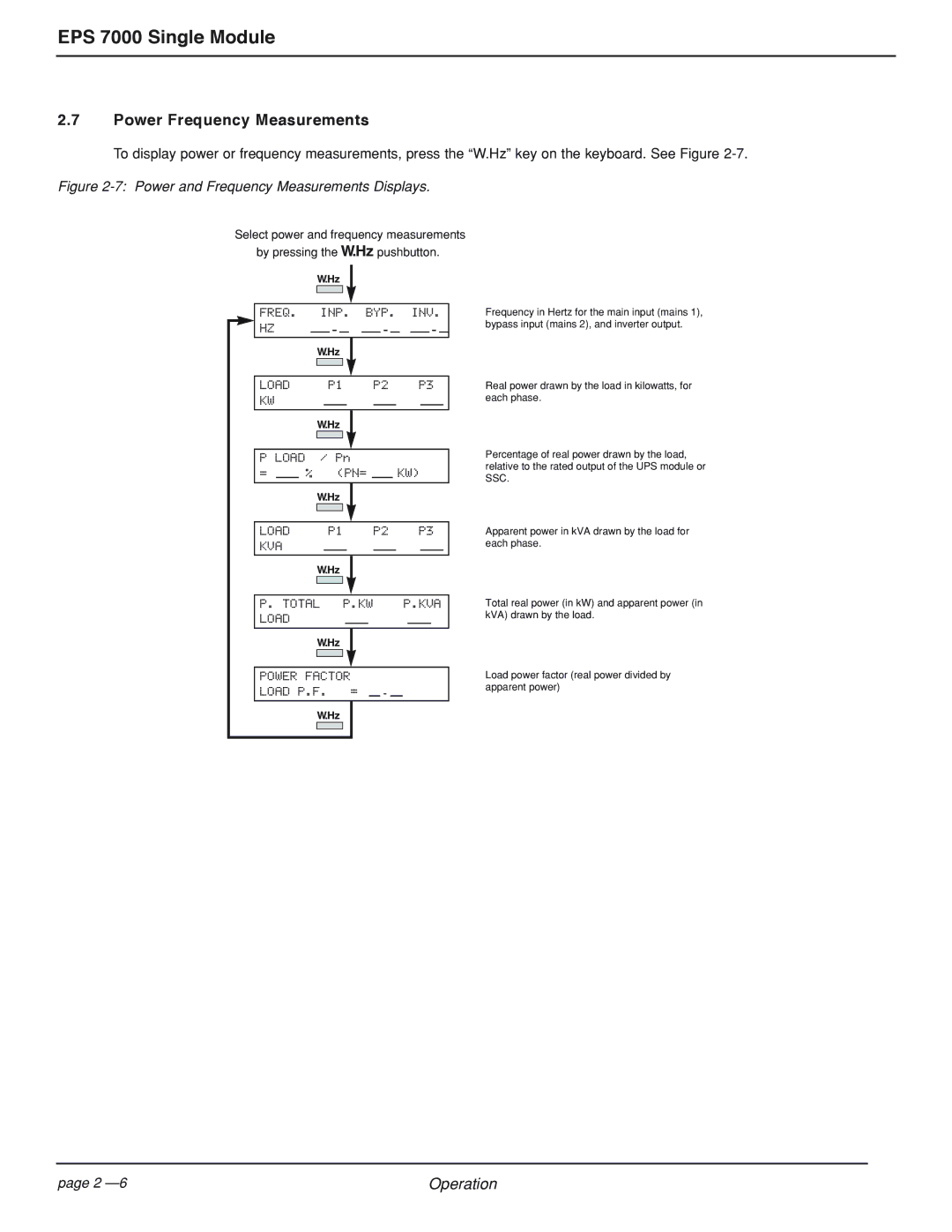 MGE UPS Systems EPS 7000 user manual Power Frequency Measurements, Load P1 P2 P3 KVA 