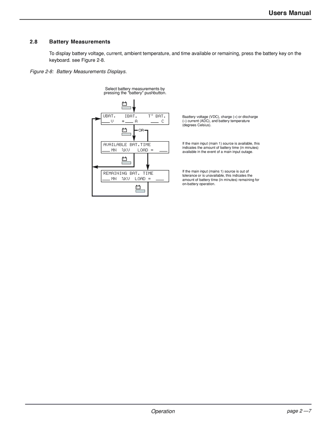 MGE UPS Systems EPS 7000 user manual Battery Measurements Displays 