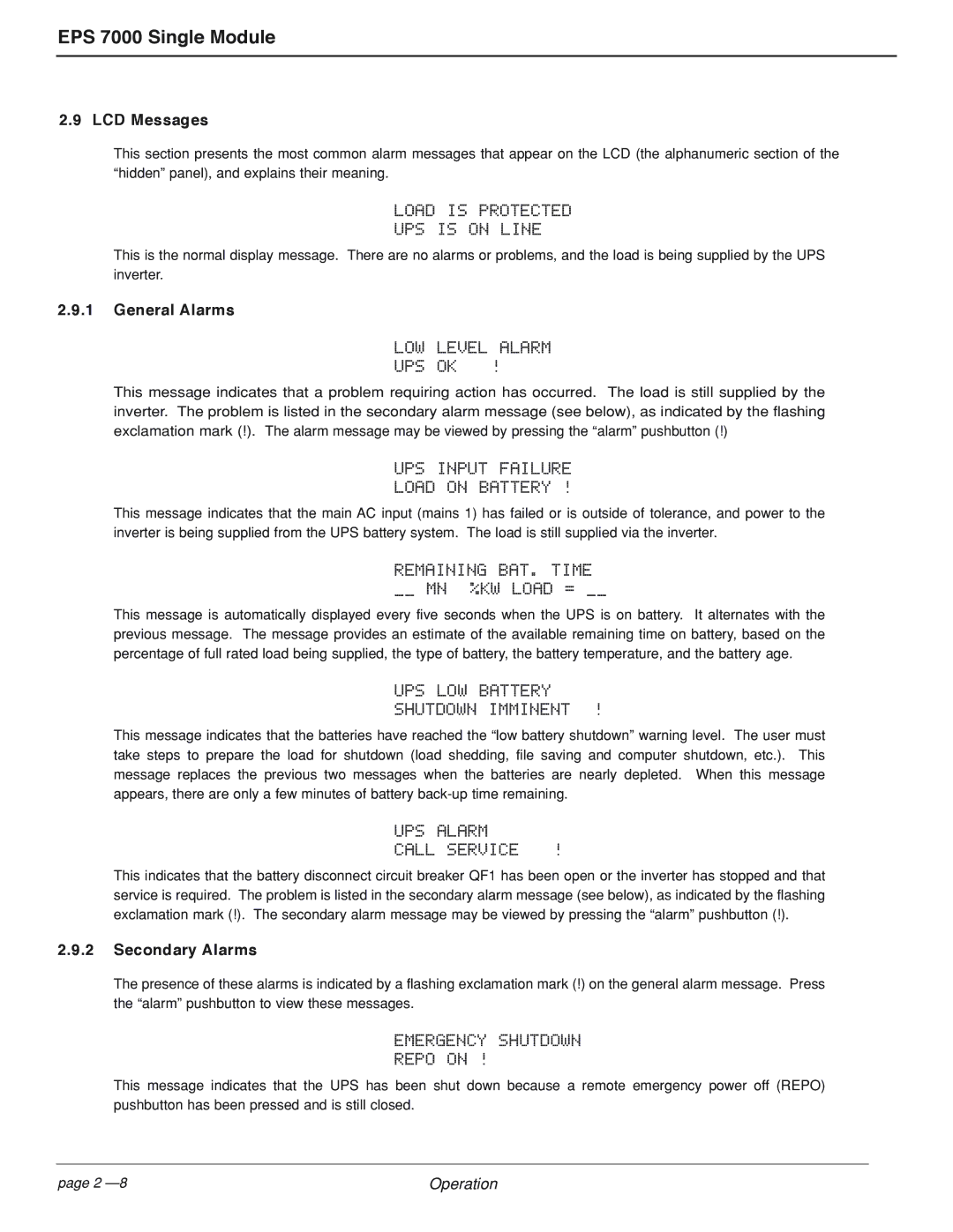 MGE UPS Systems EPS 7000 user manual LCD Messages, General Alarms, Secondary Alarms 