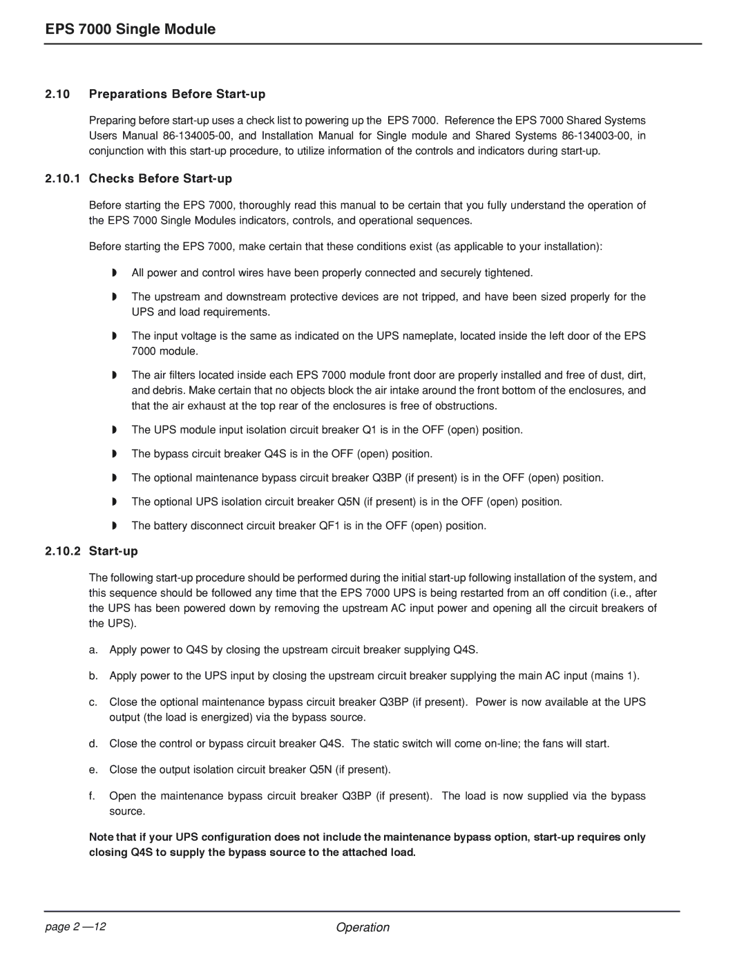 MGE UPS Systems EPS 7000 user manual Preparations Before Start-up Checks Before Start-up 