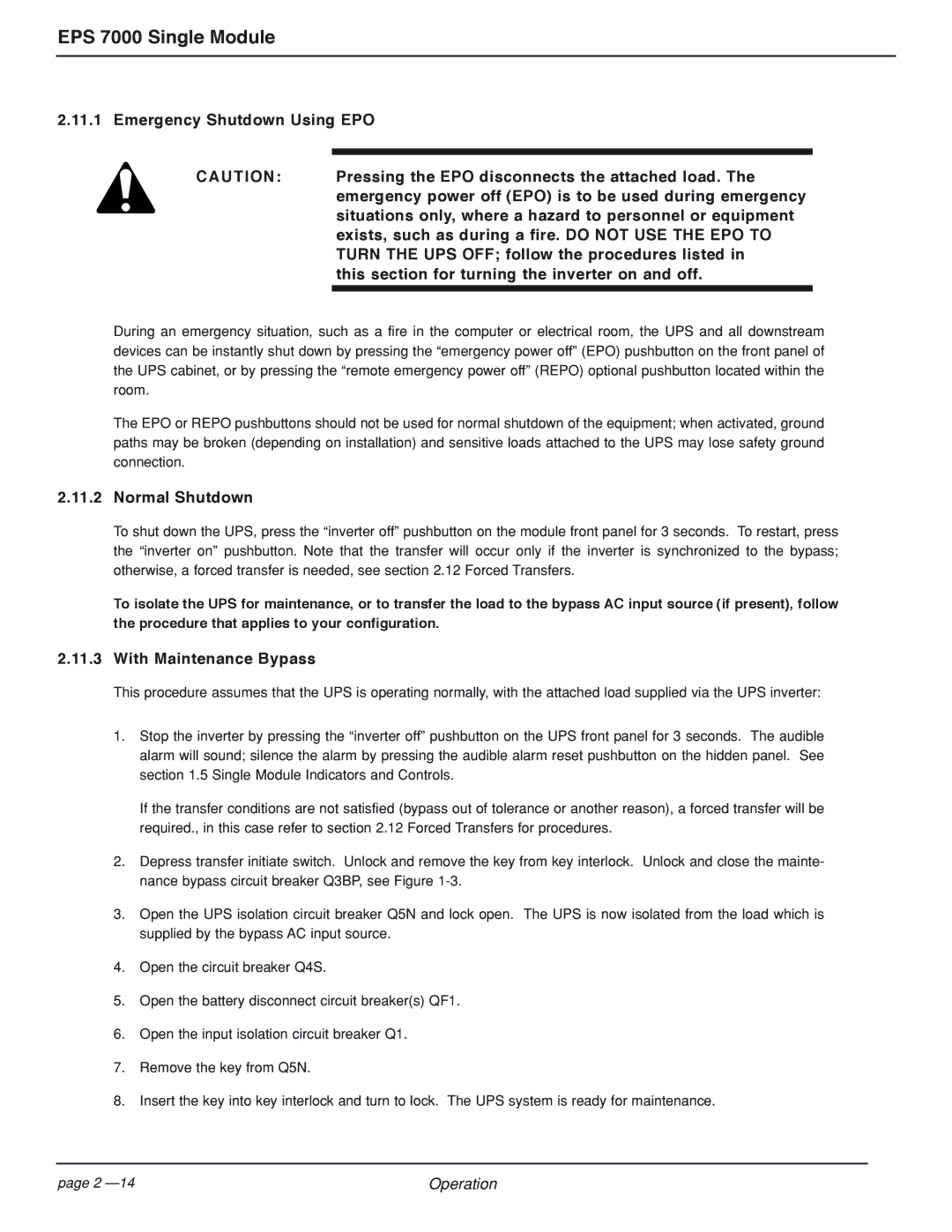 MGE UPS Systems EPS 7000 user manual Normal Shutdown, With Maintenance Bypass 