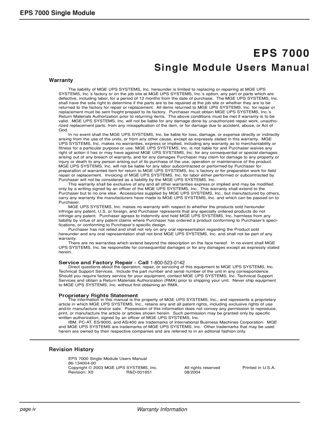 MGE UPS Systems EPS 7000 Warranty, Revision History, Service and Factory Repair Call, Proprietary Rights Statement 