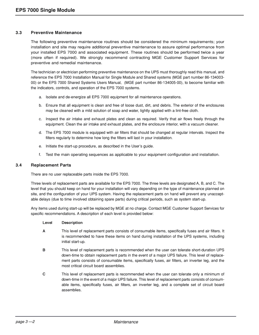 MGE UPS Systems EPS 7000 user manual Preventive Maintenance, Replacement Parts, Level Description 