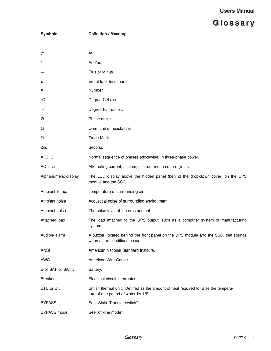 MGE UPS Systems EPS 7000 user manual O s s a r y, Symbols Definition / Meaning 