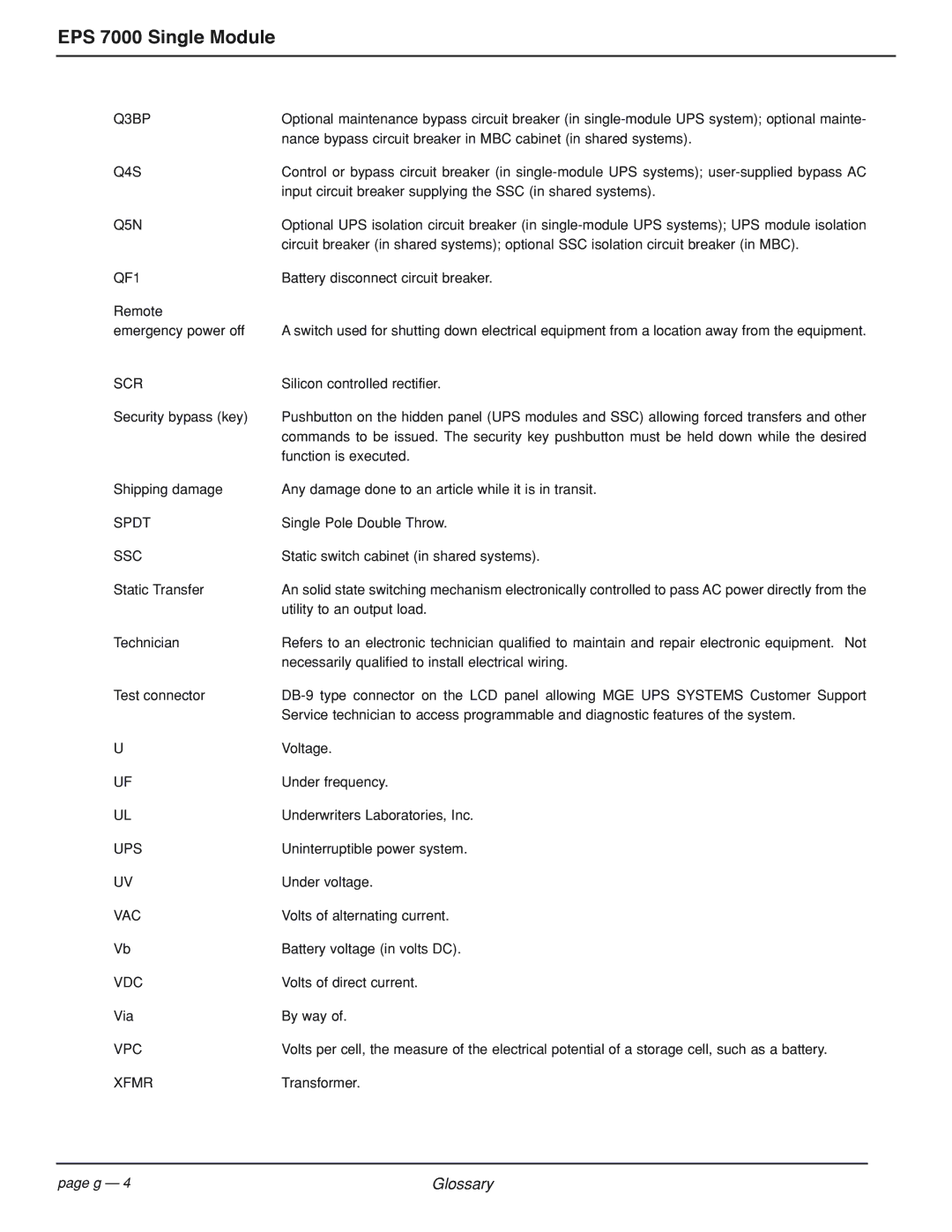 MGE UPS Systems EPS 7000 user manual Spdt 