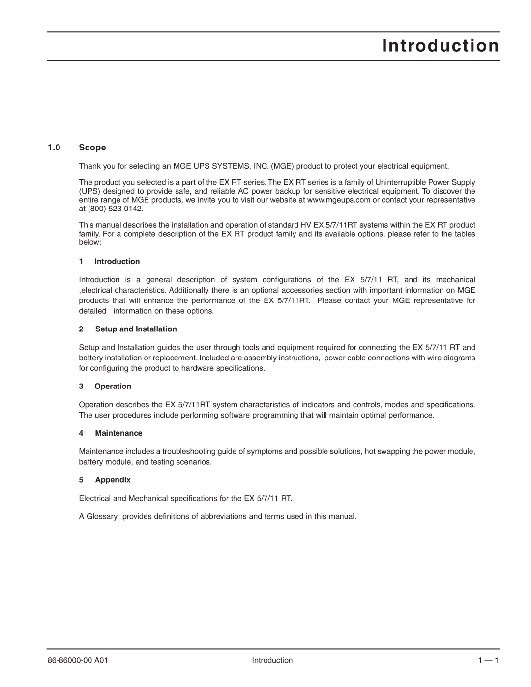 MGE UPS Systems EX 7RT, EX 11RT, EX 5RT user manual Introduction, Scope 