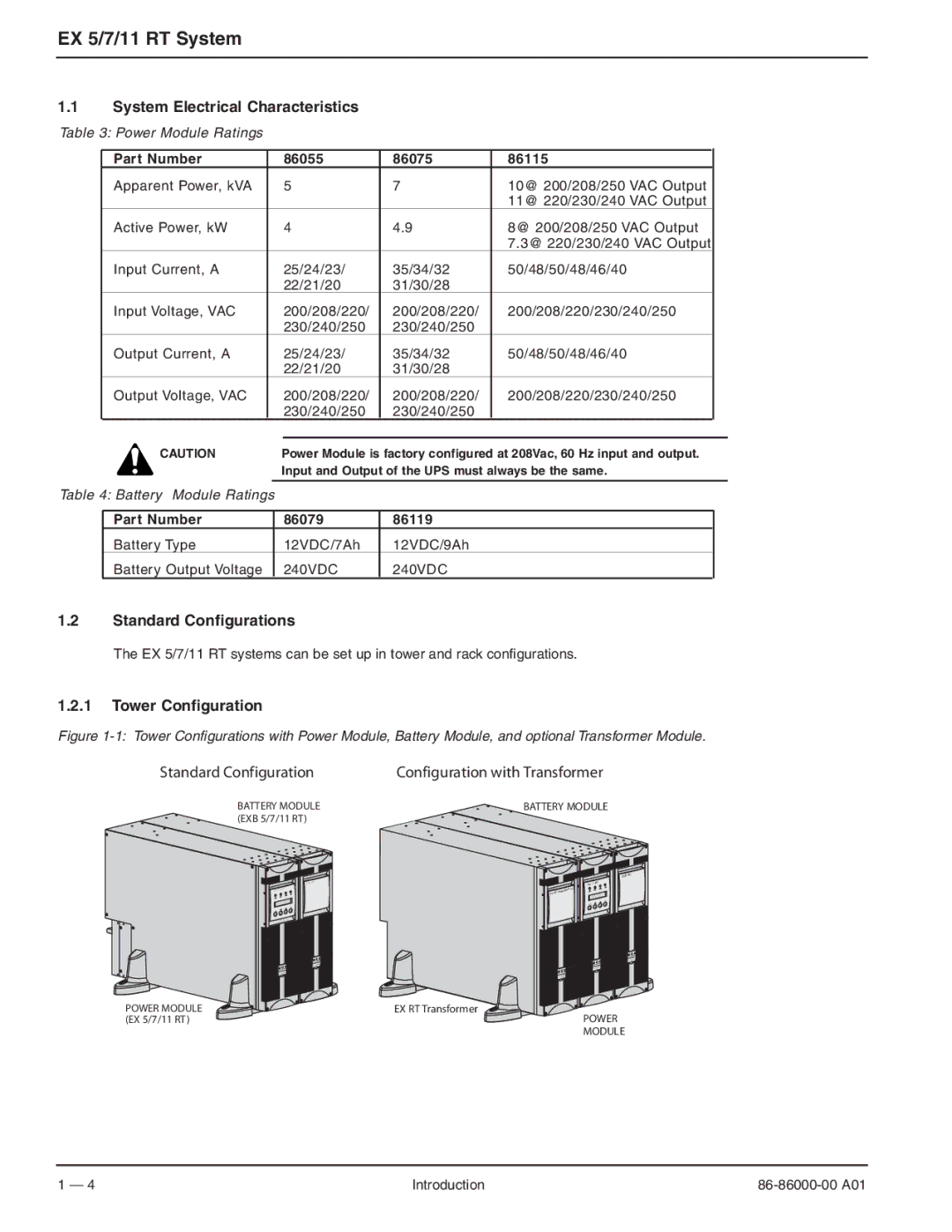 MGE UPS Systems EX 7RT, EX 11RT, EX 5RT System Electrical Characteristics, Standard Configurations, Tower Configuration 