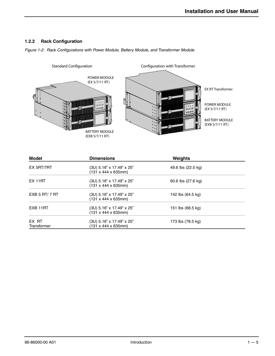 MGE UPS Systems EX 5RT, EX 11RT, EX 7RT user manual Rack Configuration, Model Dimensions Weights 