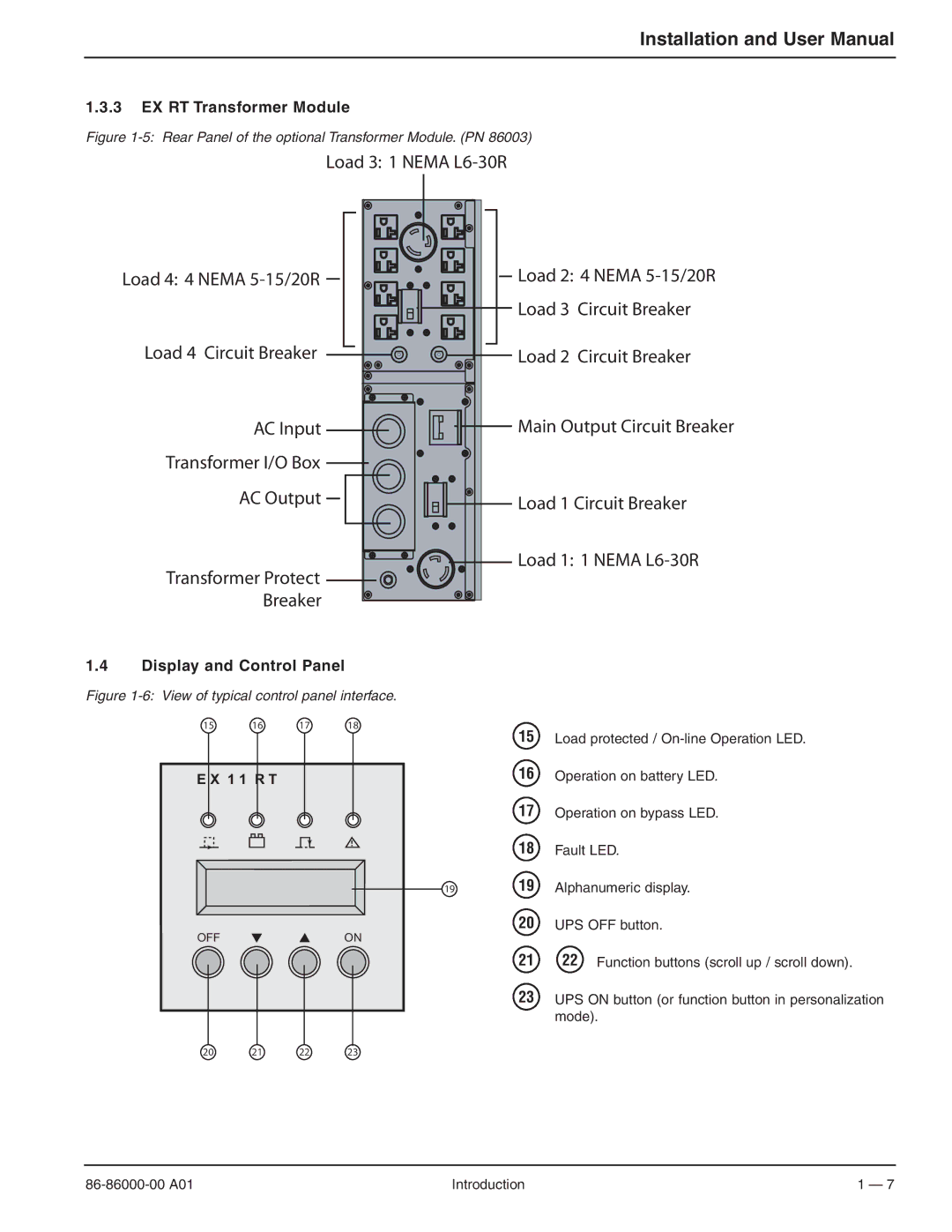 MGE UPS Systems EX 7RT, EX 11RT, EX 5RT user manual EX RT Transformer Module, Display and Control Panel 