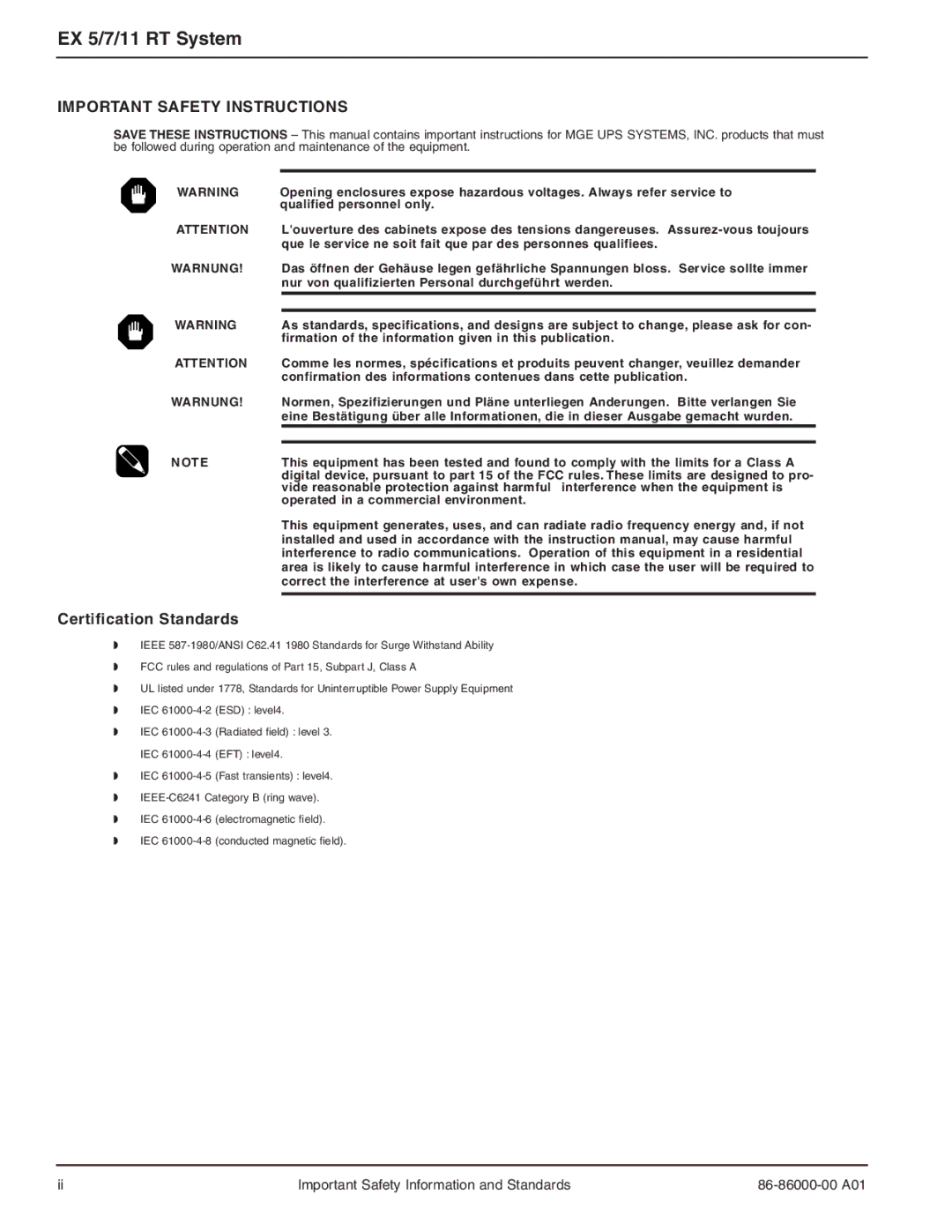 MGE UPS Systems EX 5RT, EX 11RT, EX 7RT user manual EX 5/7/11 RT System, Certification Standards 