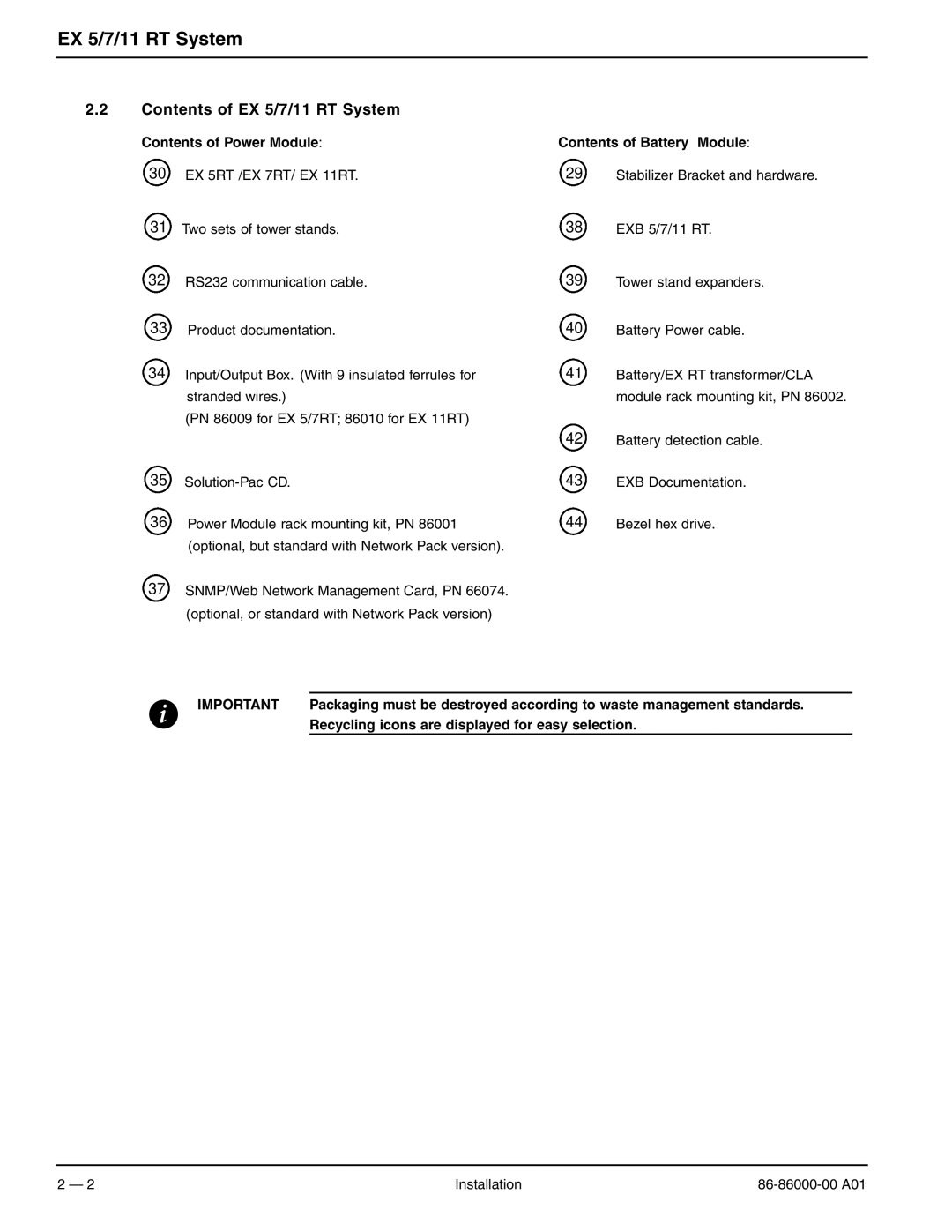 MGE UPS Systems EX 5RT, EX 11RT, EX 7RT user manual Contents of EX 5/7/11 RT System 