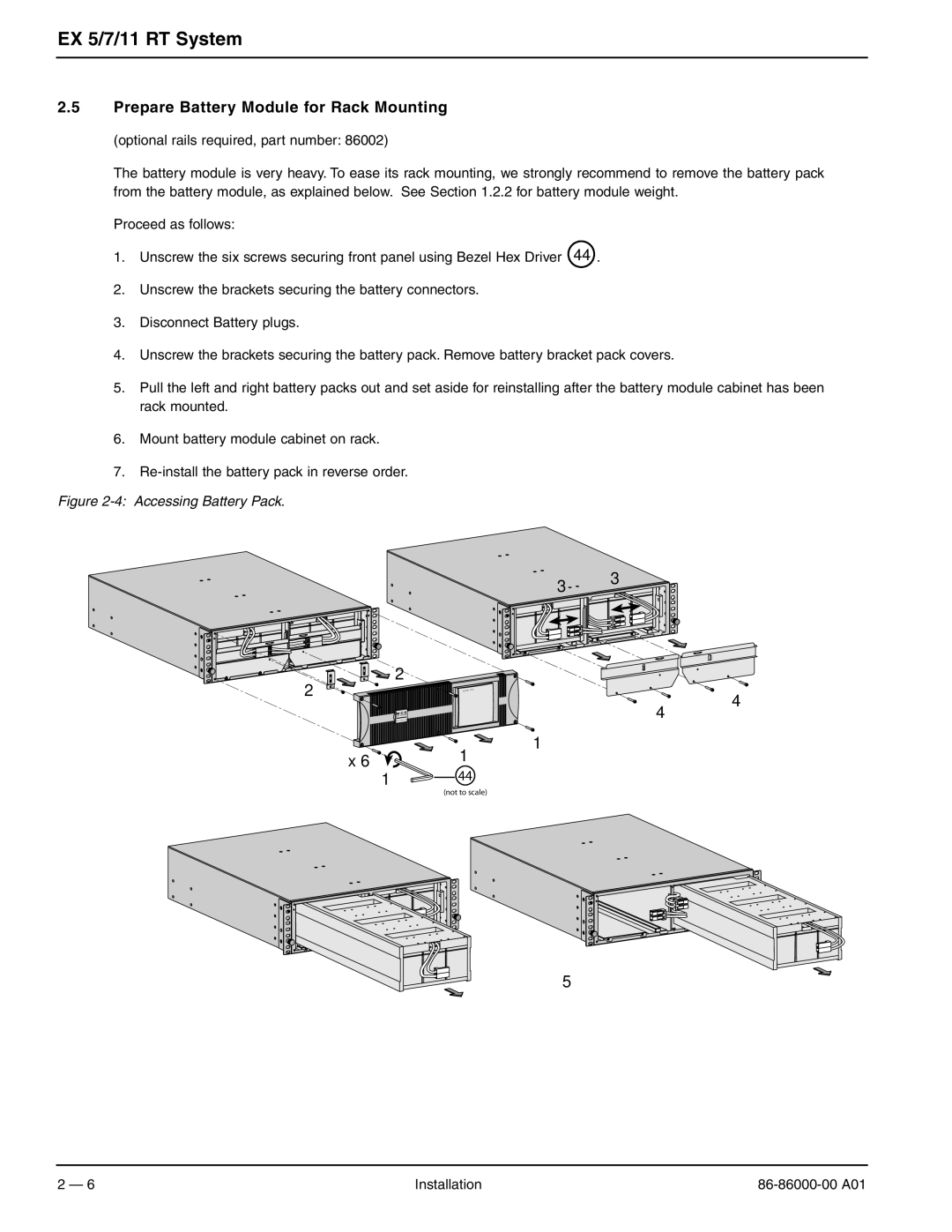 MGE UPS Systems EX 11RT, EX 7RT, EX 5RT user manual Prepare Battery Module for Rack Mounting, Accessing Battery Pack 