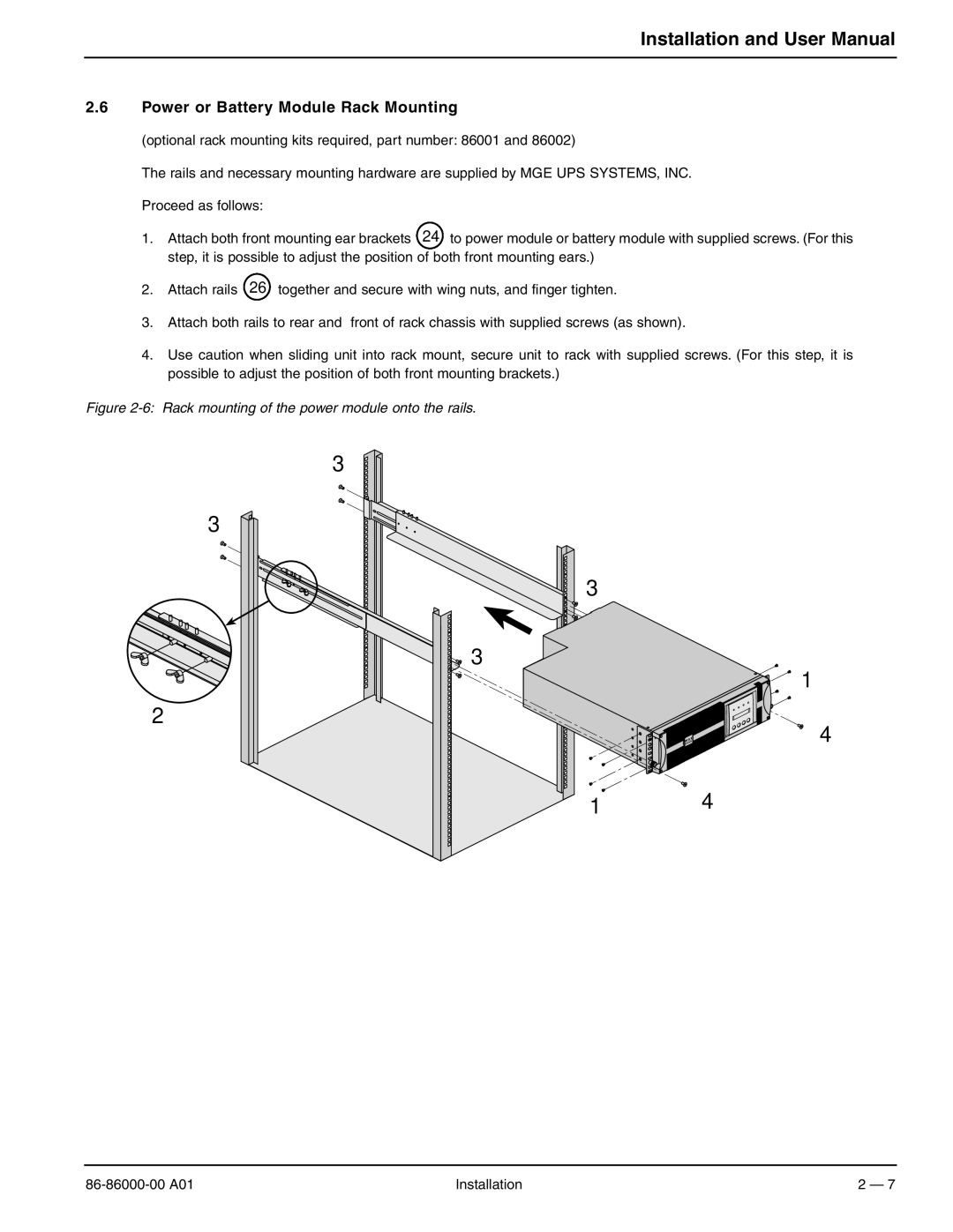 MGE UPS Systems EX 7RT, EX 11RT Power or Battery Module Rack Mounting, Rack mounting of the power module onto the rails 