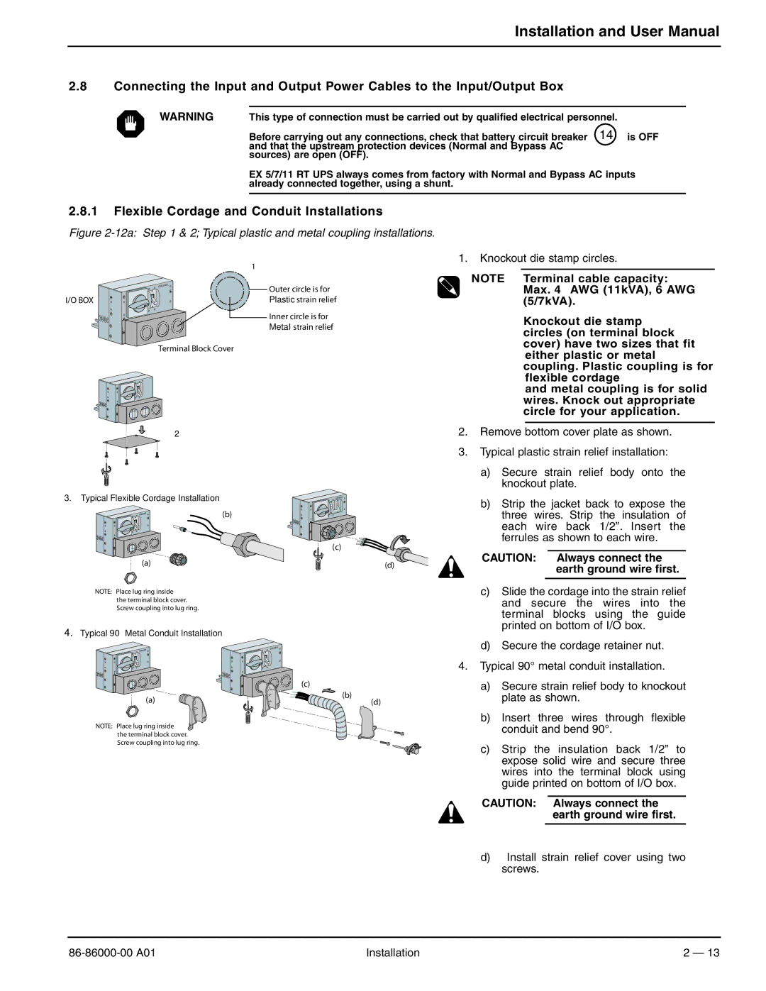 MGE UPS Systems EX 7RT, EX 11RT, EX 5RT user manual Flexible Cordage and Conduit Installations, Knockout die stamp circles 