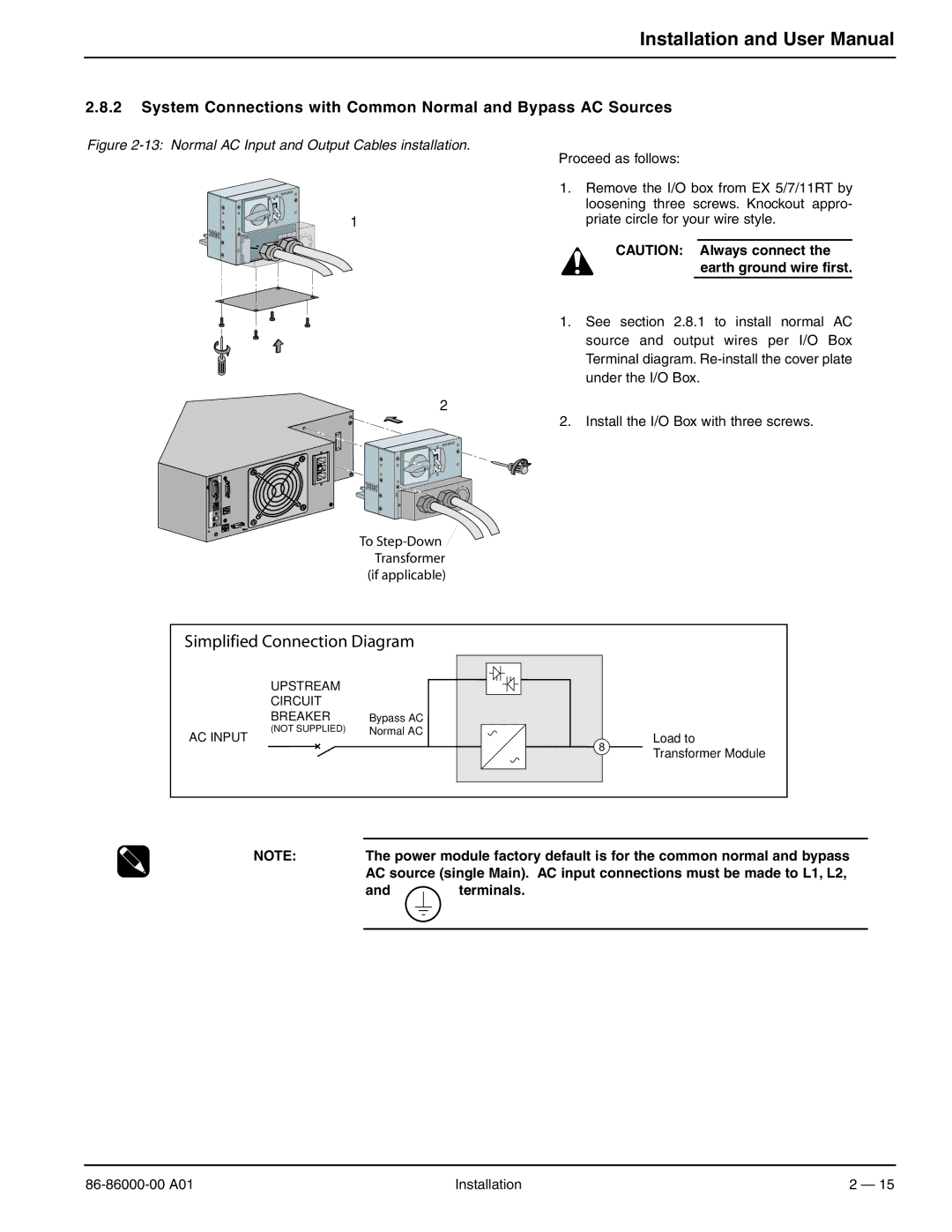 MGE UPS Systems EX 11RT, EX 7RT, EX 5RT user manual System Connections with Common Normal and Bypass AC Sources, Terminals 