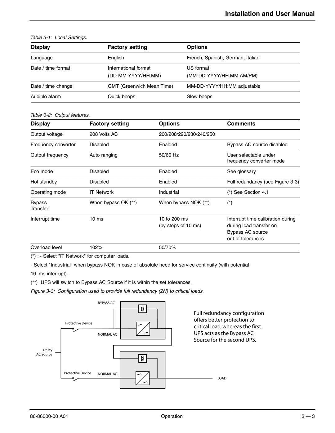 MGE UPS Systems EX 5RT, EX 11RT, EX 7RT user manual Display Factory setting Options Comments 