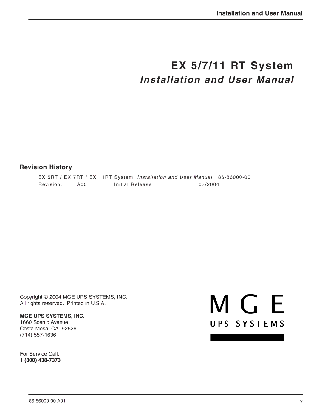 MGE UPS Systems EX 5RT EX 5/7/11 RT System, Revision History, MGE UPS SYSTEMS, INC Scenic Avenue Costa Mesa, CA 92626 714 