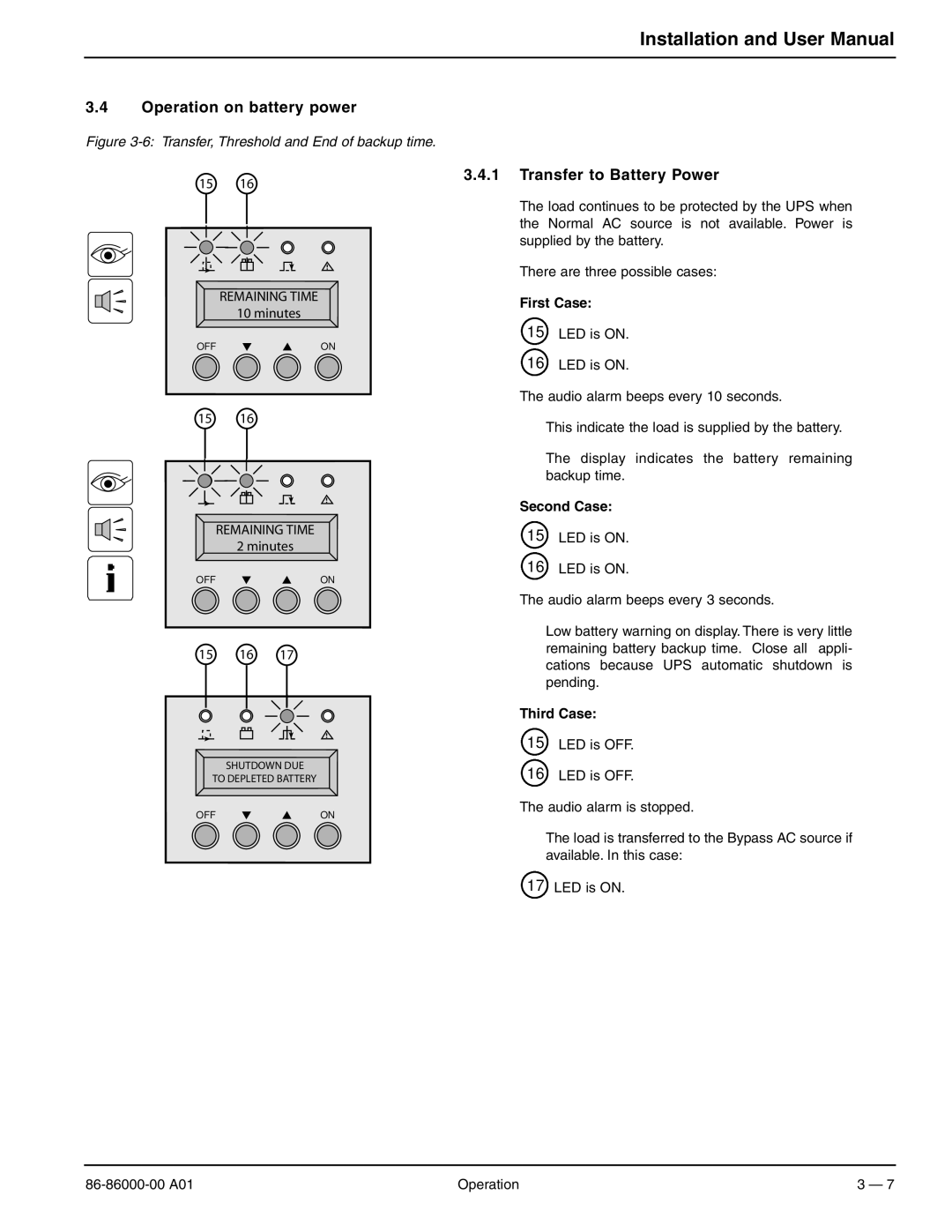 MGE UPS Systems EX 11RT, EX 7RT Operation on battery power, Transfer to Battery Power, First Case, Second Case, Third Case 