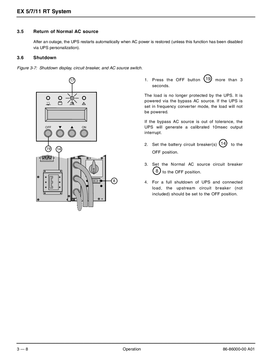 MGE UPS Systems EX 7RT, EX 11RT, EX 5RT user manual Return of Normal AC source, Shutdown 