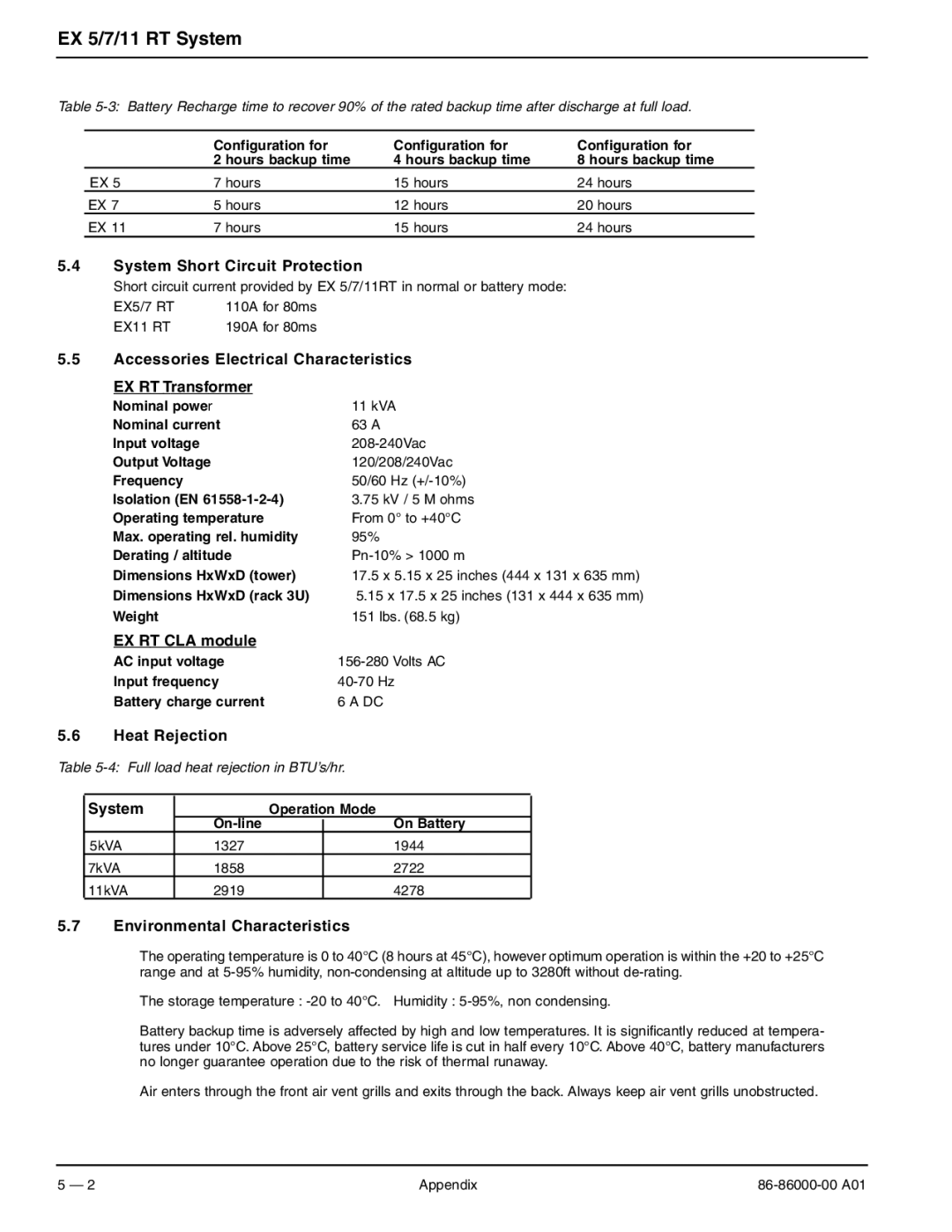 MGE UPS Systems EX 11RT, EX 7RT System Short Circuit Protection, Accessories Electrical Characteristics EX RT Transformer 