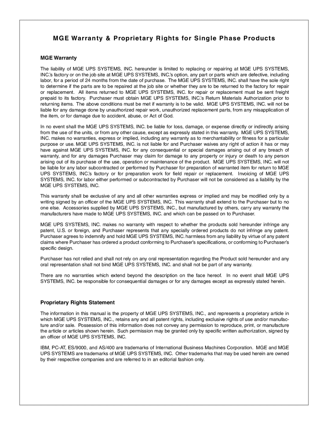 MGE UPS Systems EX 7RT, EX 11RT MGE Warranty & Proprietary Rights for Single Phase Products, Proprietary Rights Statement 