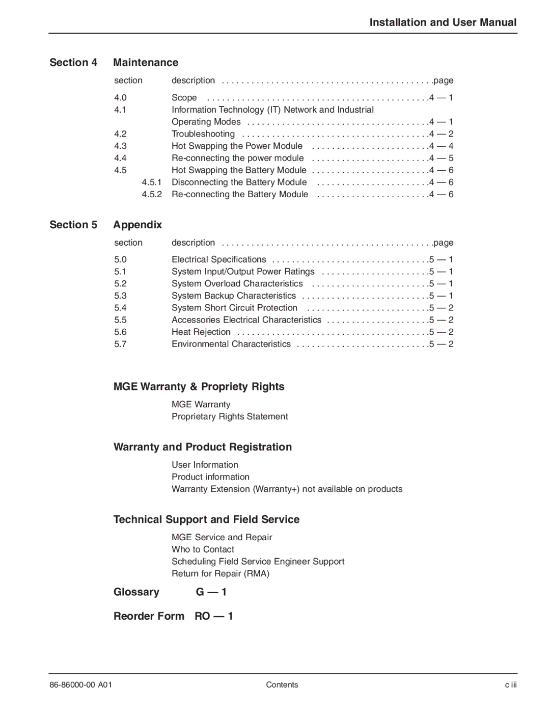 MGE UPS Systems EX 11RT Maintenance, Section Appendix, MGE Warranty & Propriety Rights, Warranty and Product Registration 