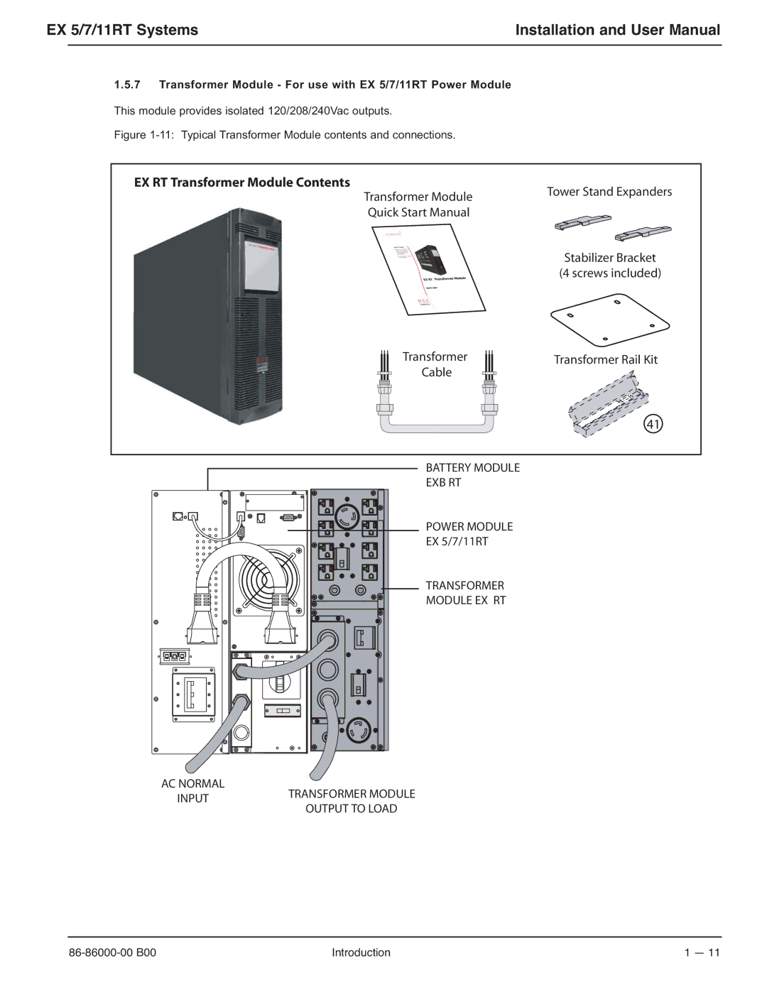 MGE UPS Systems EX-5, EX-7, EX-11RT manual EX RT Transformer Module Contents 