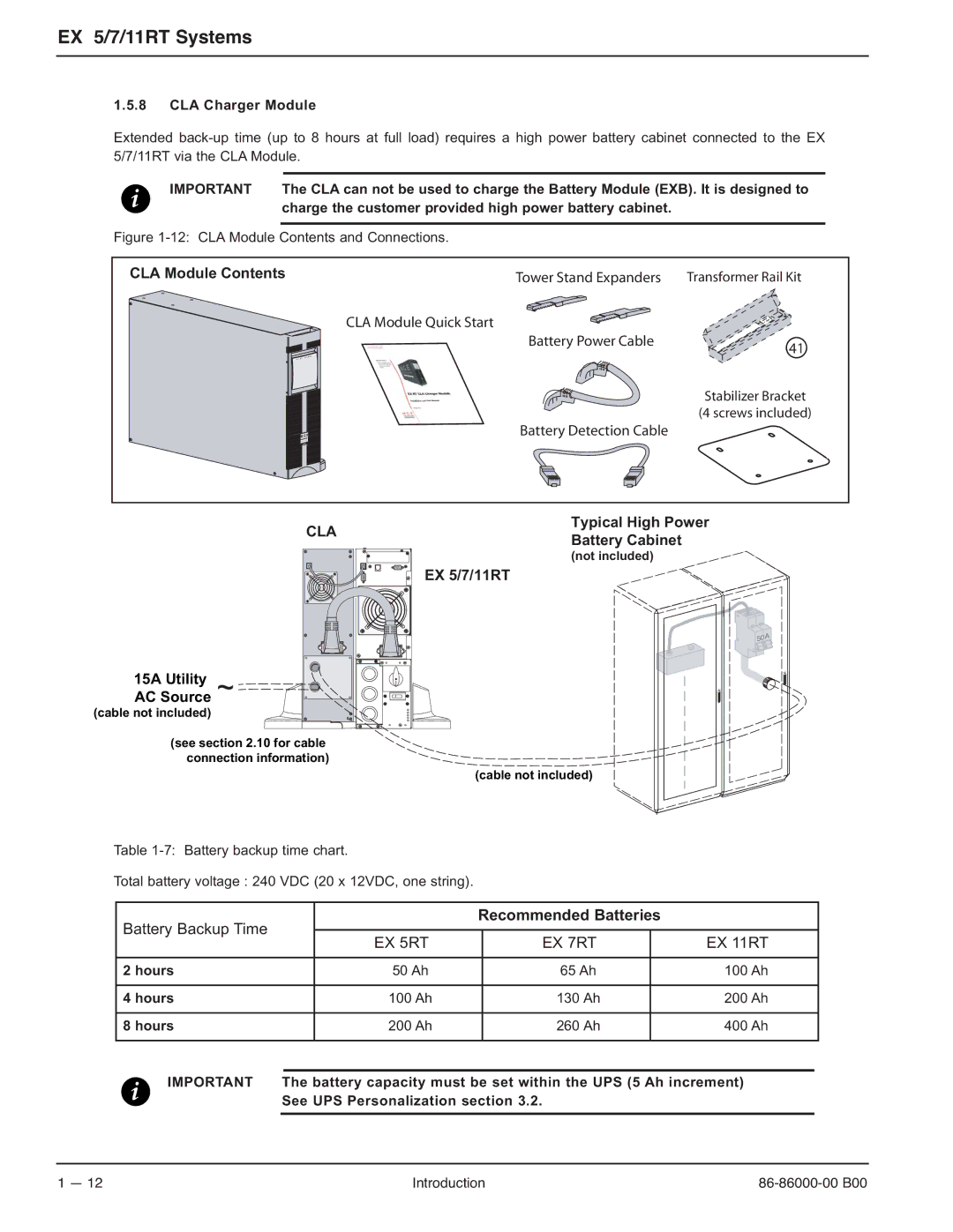 MGE UPS Systems EX-5, EX-7, EX-11RT manual CLA Module Contents, EX 5/7/11RT, Recommended Batteries 