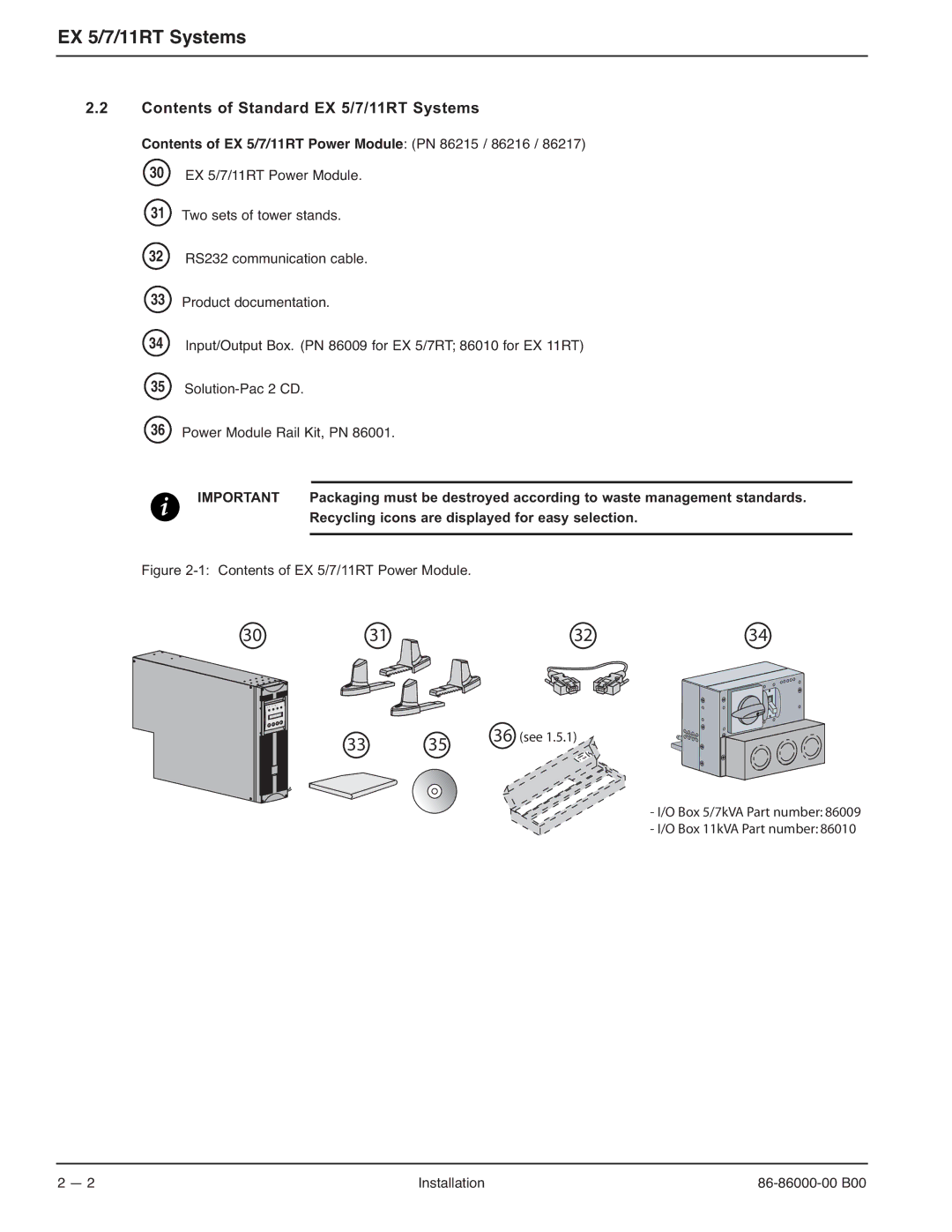 MGE UPS Systems EX-5, EX-7, EX-11RT manual Contents of Standard EX 5/7/11RT Systems 