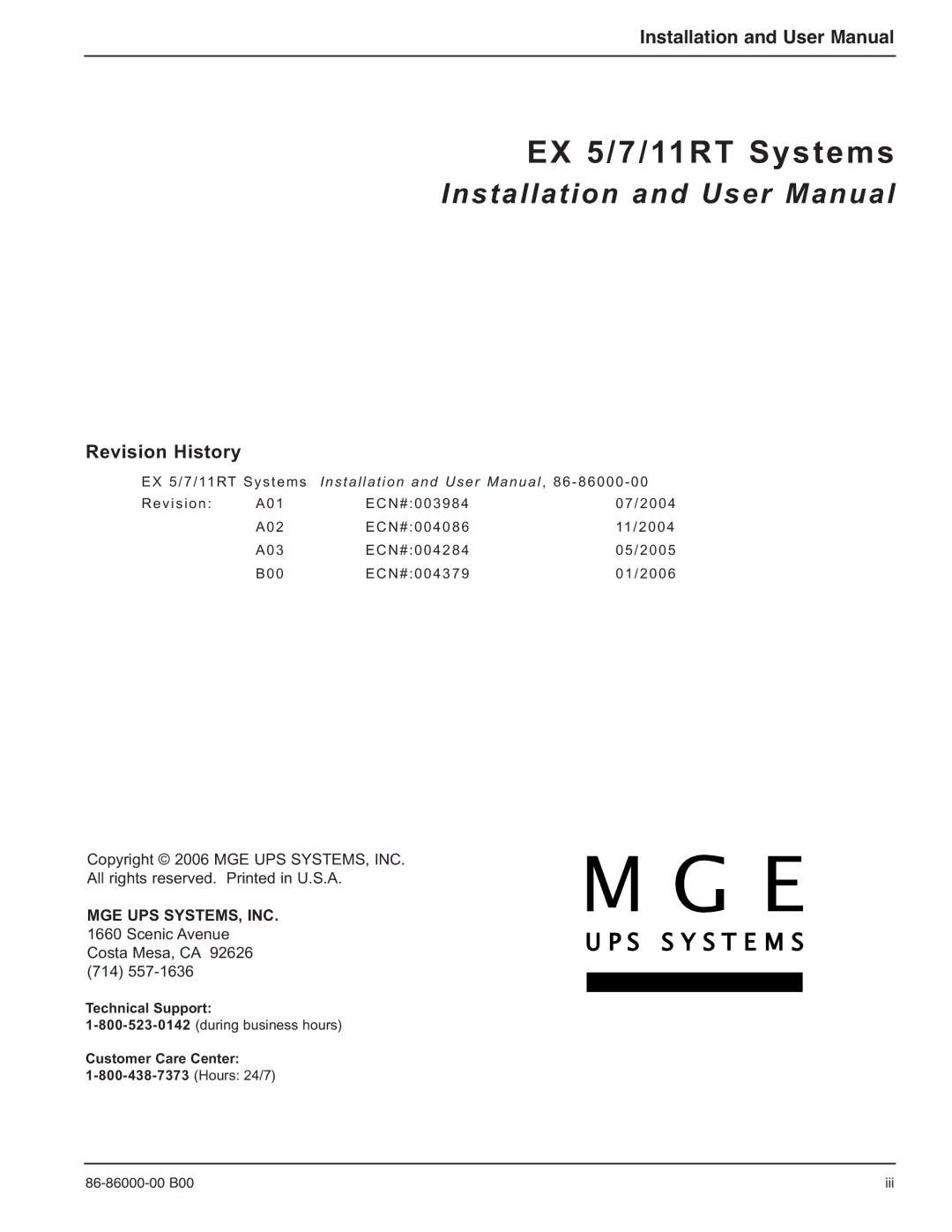 MGE UPS Systems EX-5, EX-7, EX-11RT manual MGE UPS SYSTEMS, INC Scenic Avenue Costa Mesa, CA 92626 714 