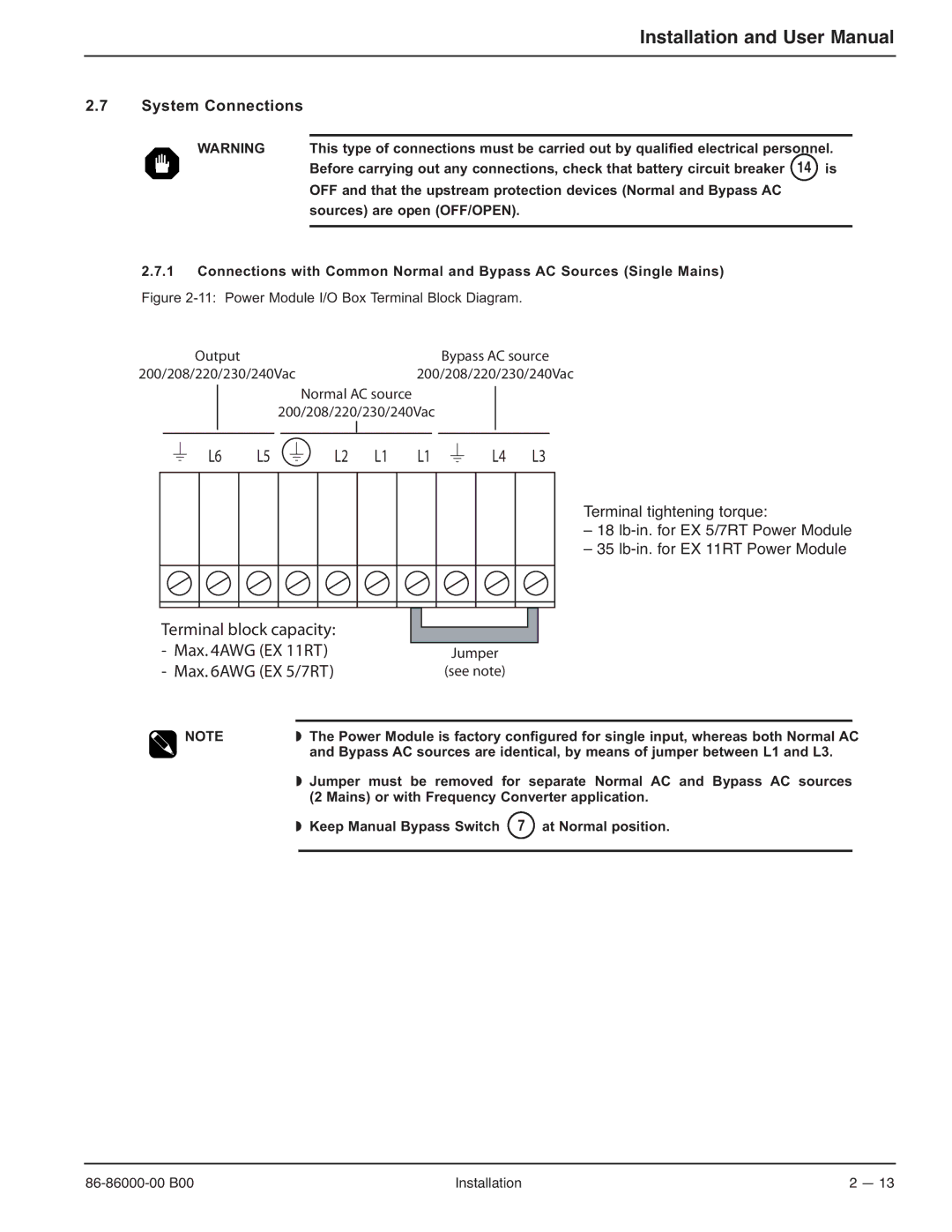 MGE UPS Systems EX-5, EX-7, EX-11RT manual System Connections, Max AWG EX 11RT, Sources are open OFF/OPEN 