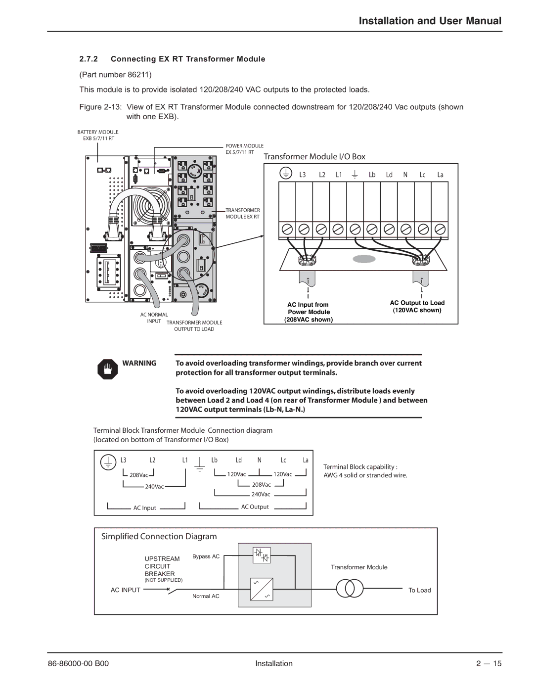 MGE UPS Systems EX-7 manual Connecting EX RT Transformer Module, Protection for all transformer output terminals 