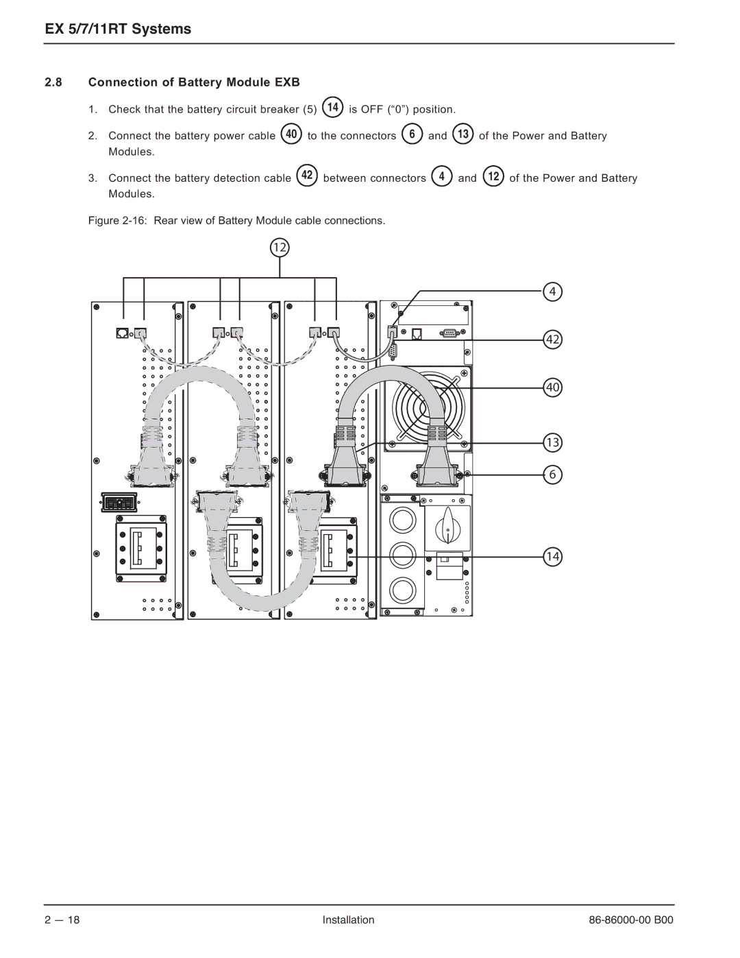 MGE UPS Systems EX-5, EX-7, EX-11RT manual Connection of Battery Module EXB 