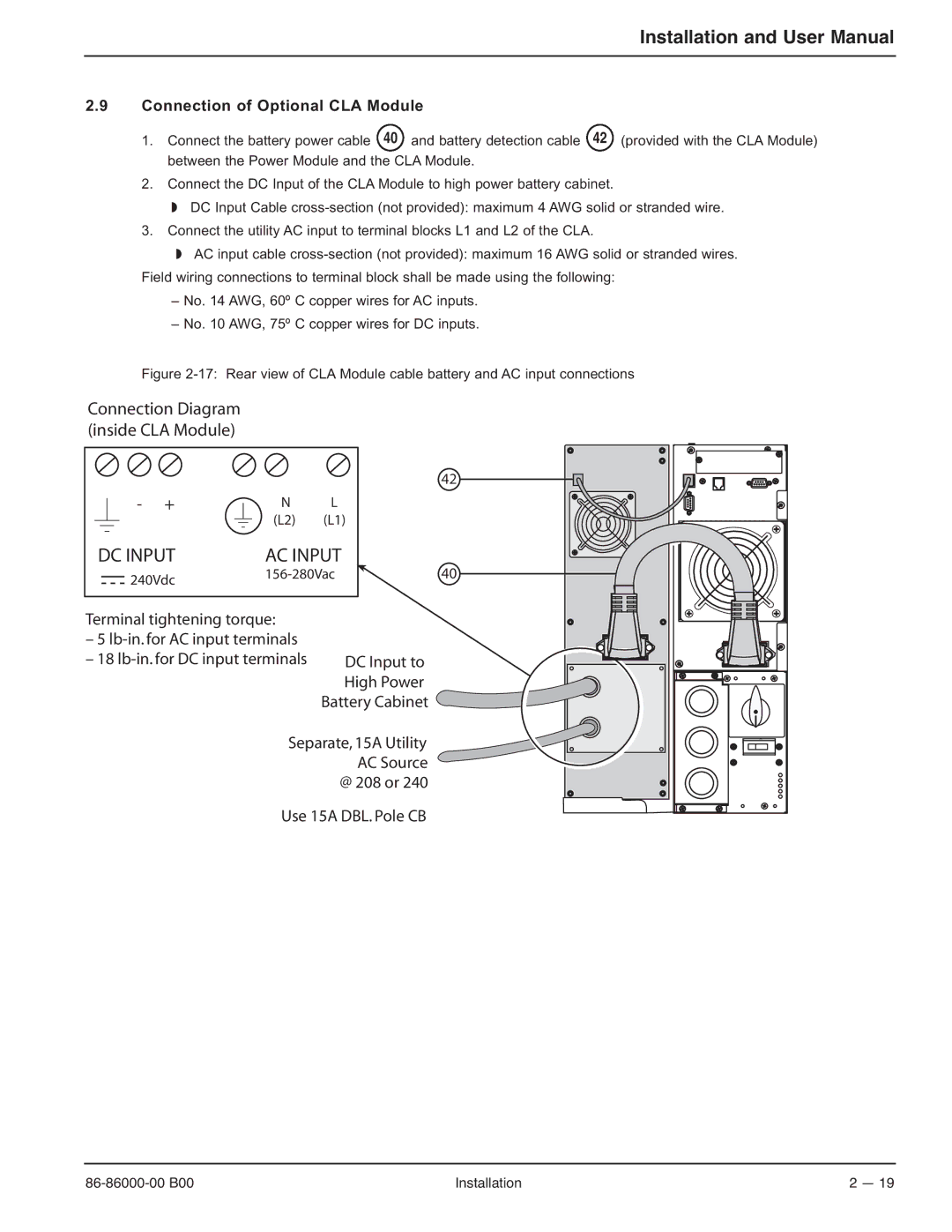 MGE UPS Systems EX-5, EX-7, EX-11RT manual AC Input, Connection of Optional CLA Module 