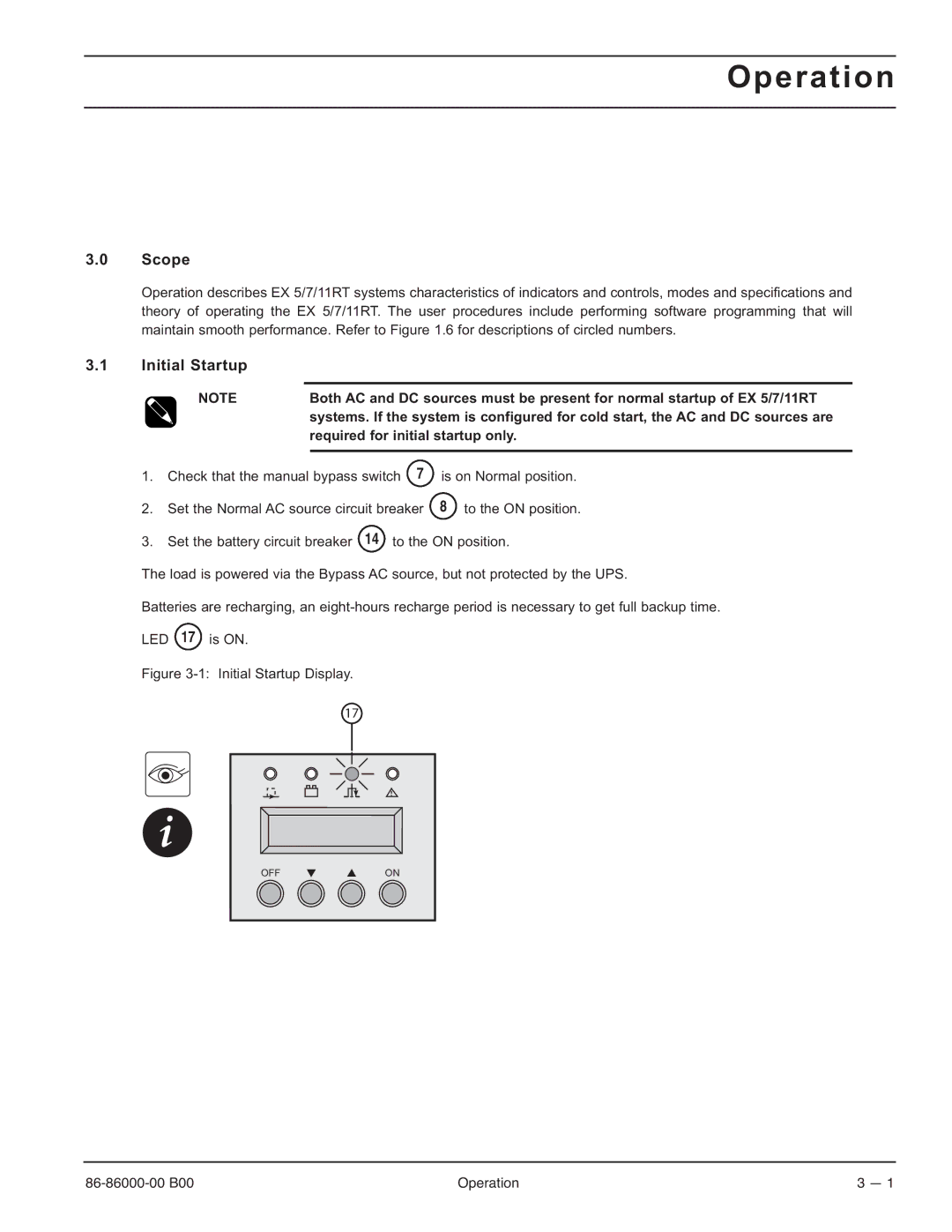 MGE UPS Systems EX-5, EX-7, EX-11RT manual Initial Startup, Required for initial startup only 